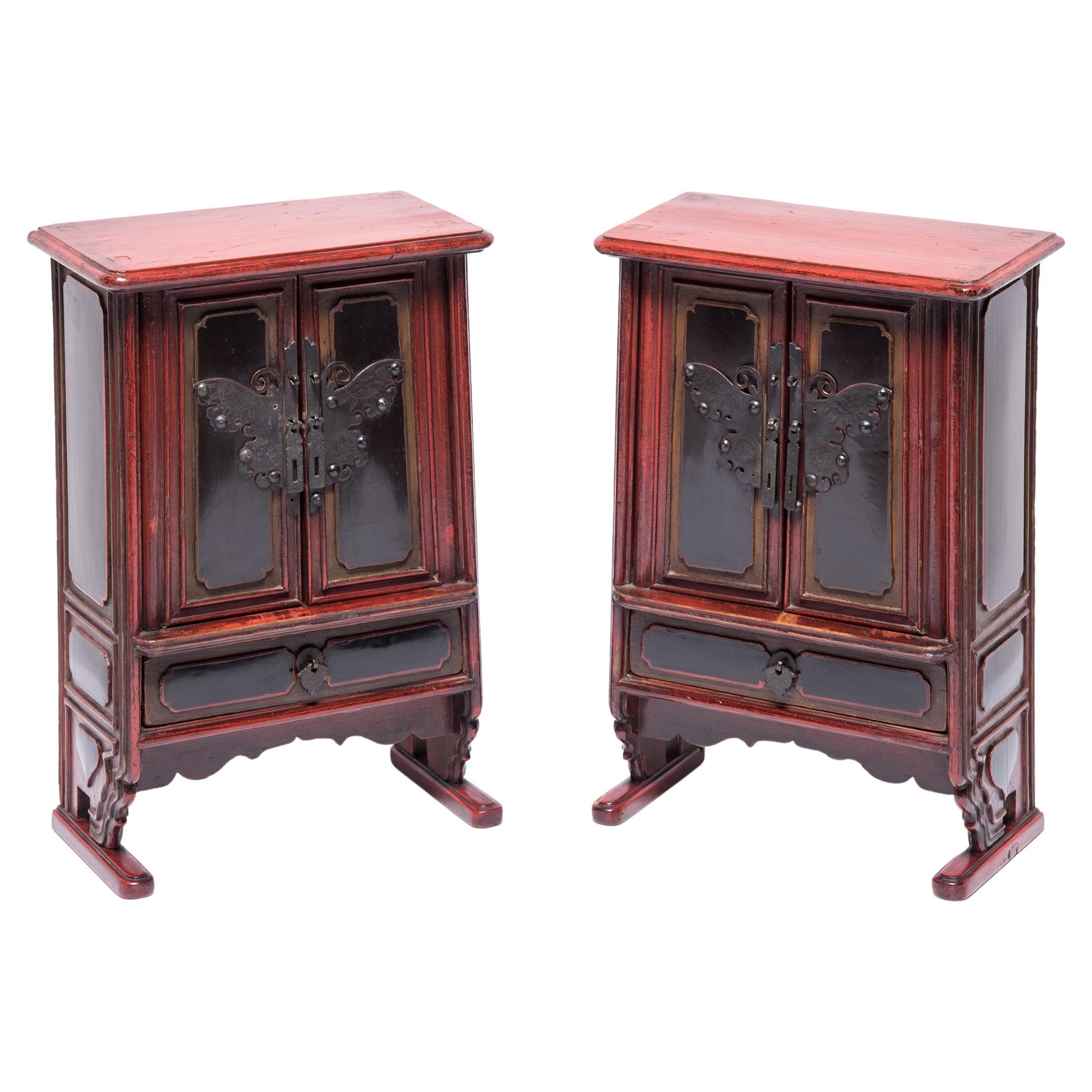 Pair of Petite Chinese Red Lacquer Butterfly Chests, c. 1900 For Sale