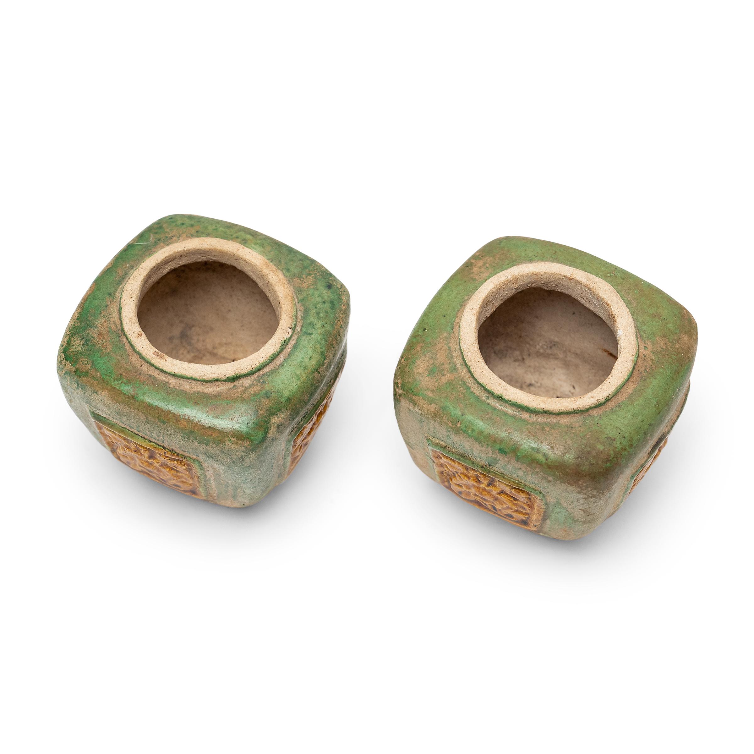 Tang Pair of Petite Chinese Sancai Spice Jars For Sale