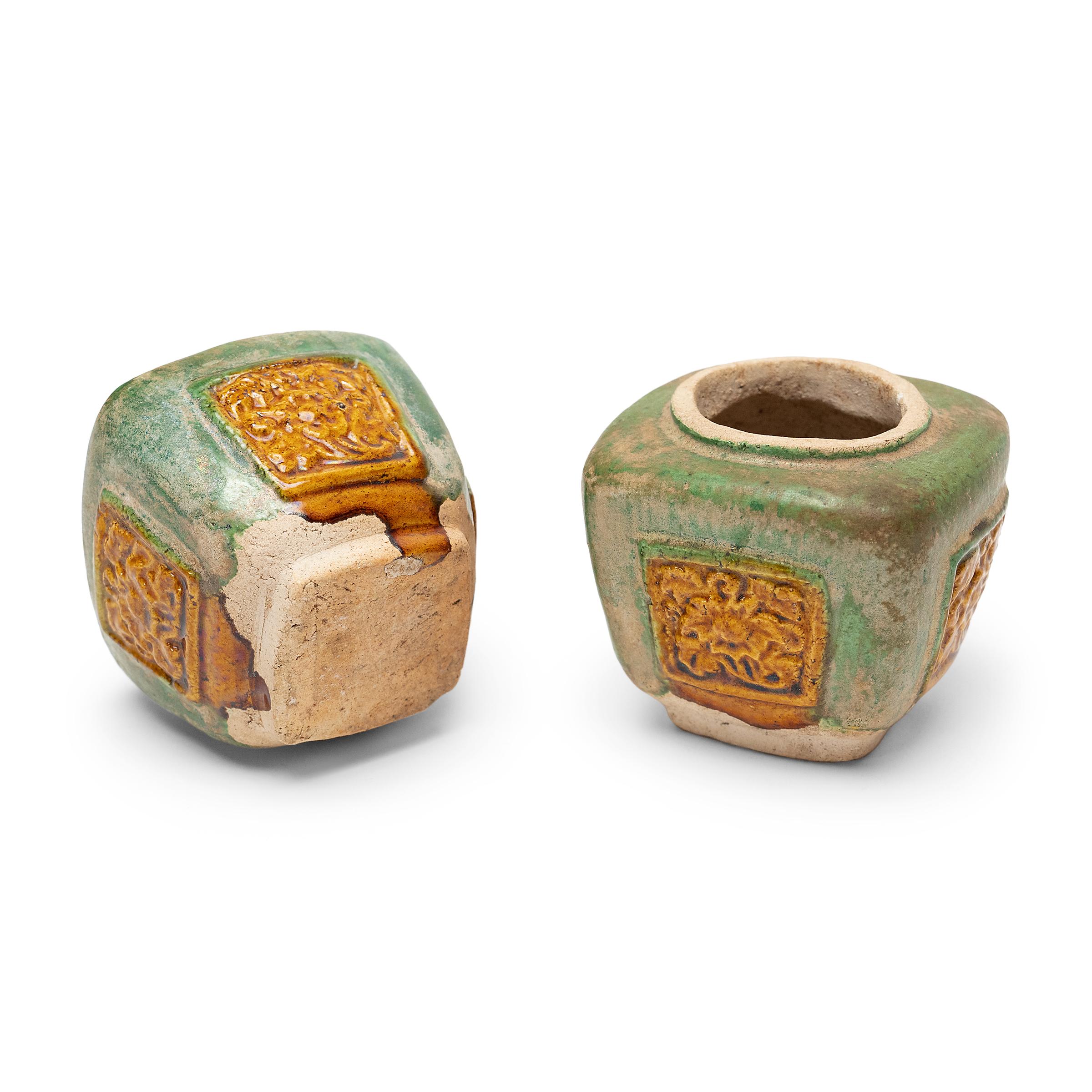 Glazed Pair of Petite Chinese Sancai Spice Jars For Sale