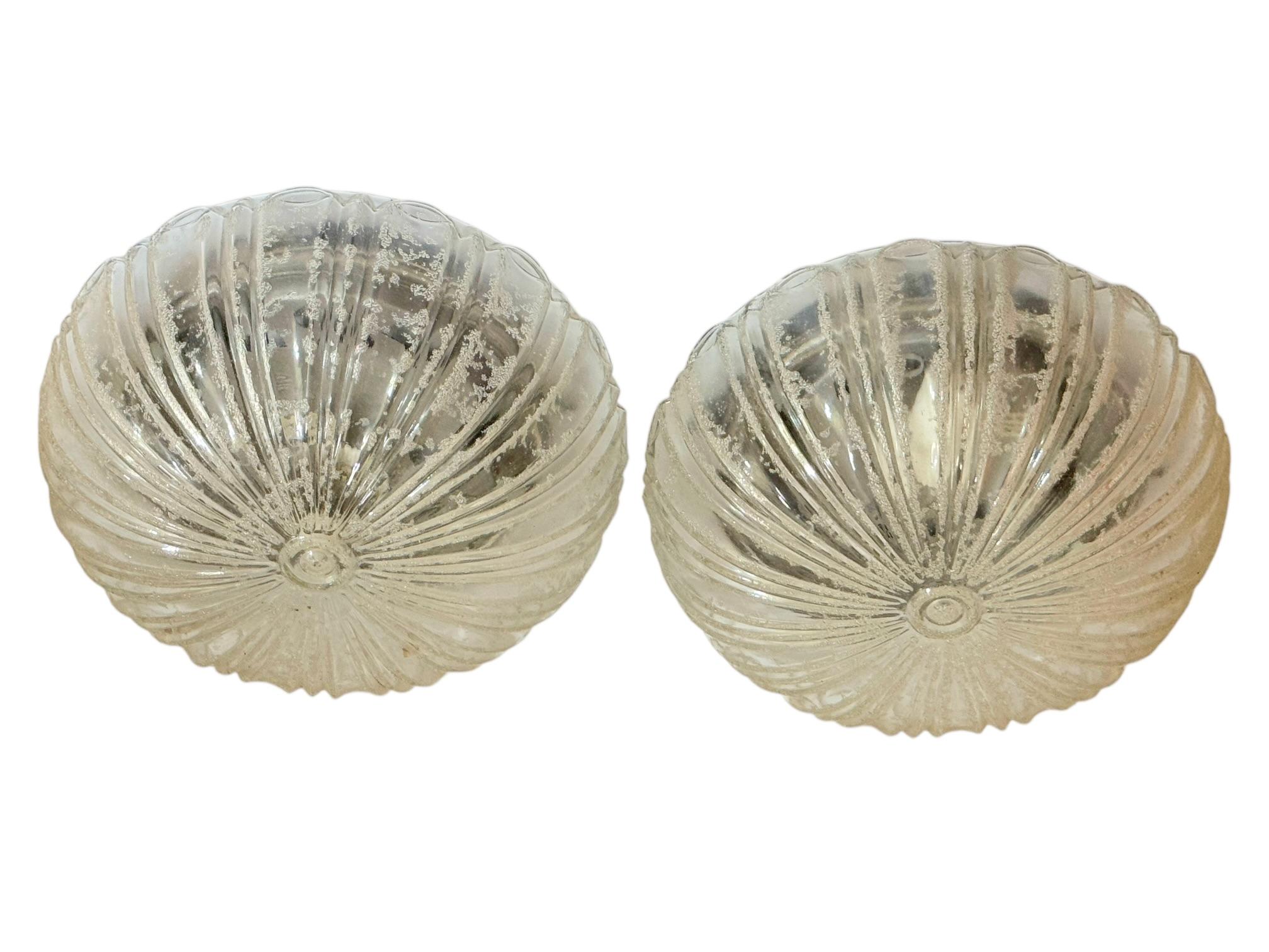 A beautiful set of two flush mount Light by Guro Leuchten (Gustav Rose Leuchten), Germany. Gorgeous textured glass flushmount with metal fixture. Each fixture requires two European E27 Edison or medium bulb up to 60 watts each socket. Hard to find