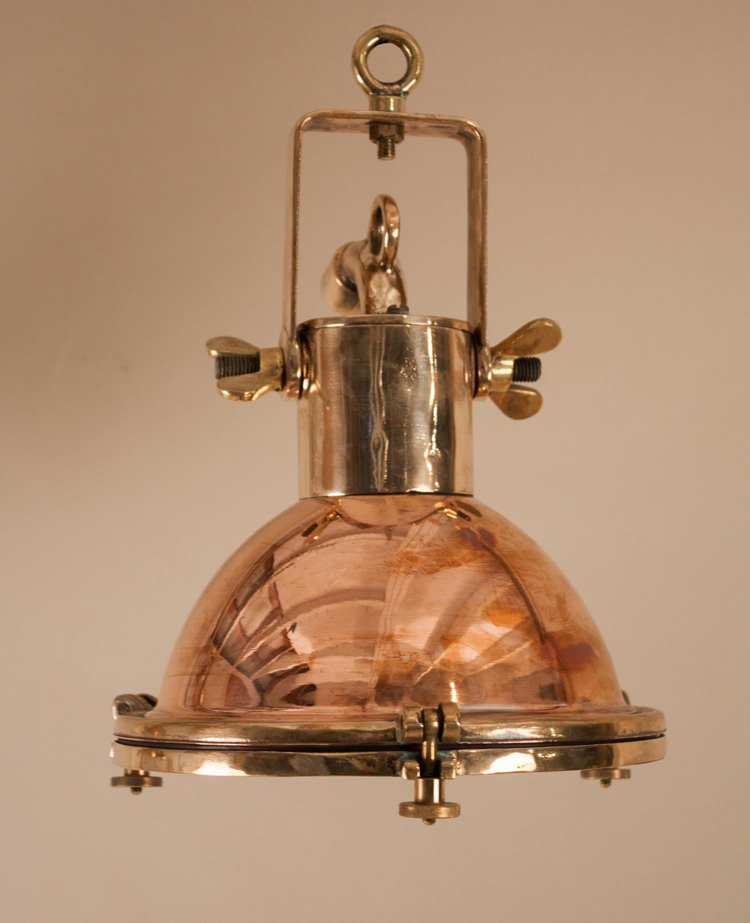 Industrial Pair of Petite Copper and Brass Nautical Pendant Lights