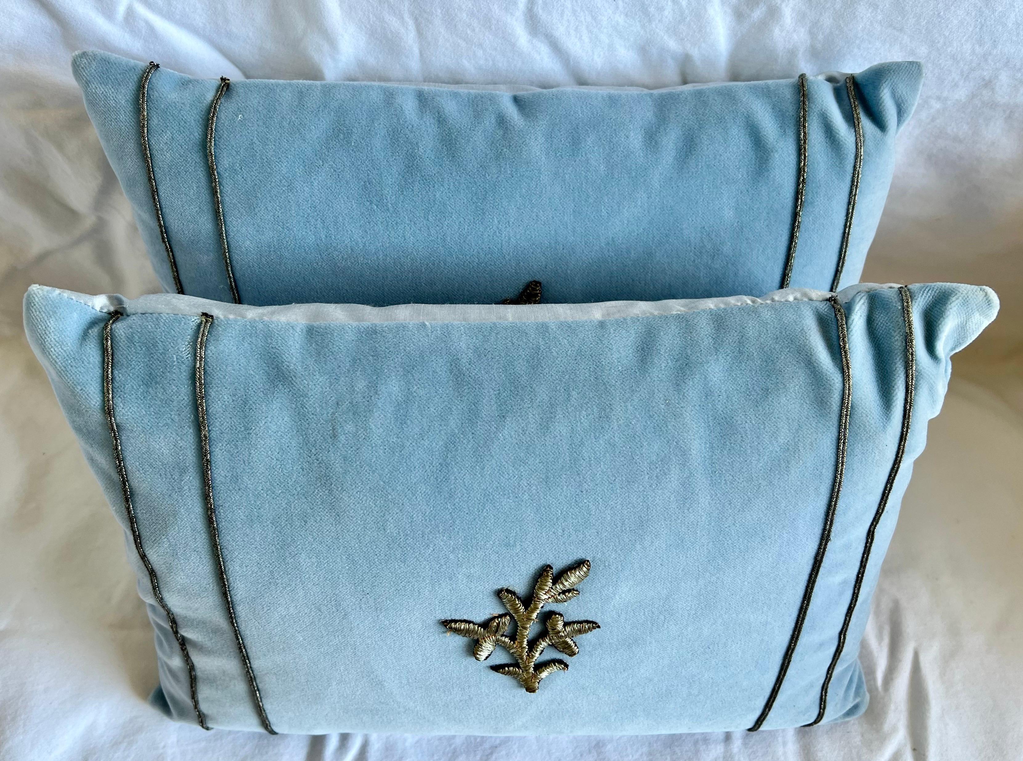 Italian Pair of Petite Custom Appliqued Blue Velvet Pillows