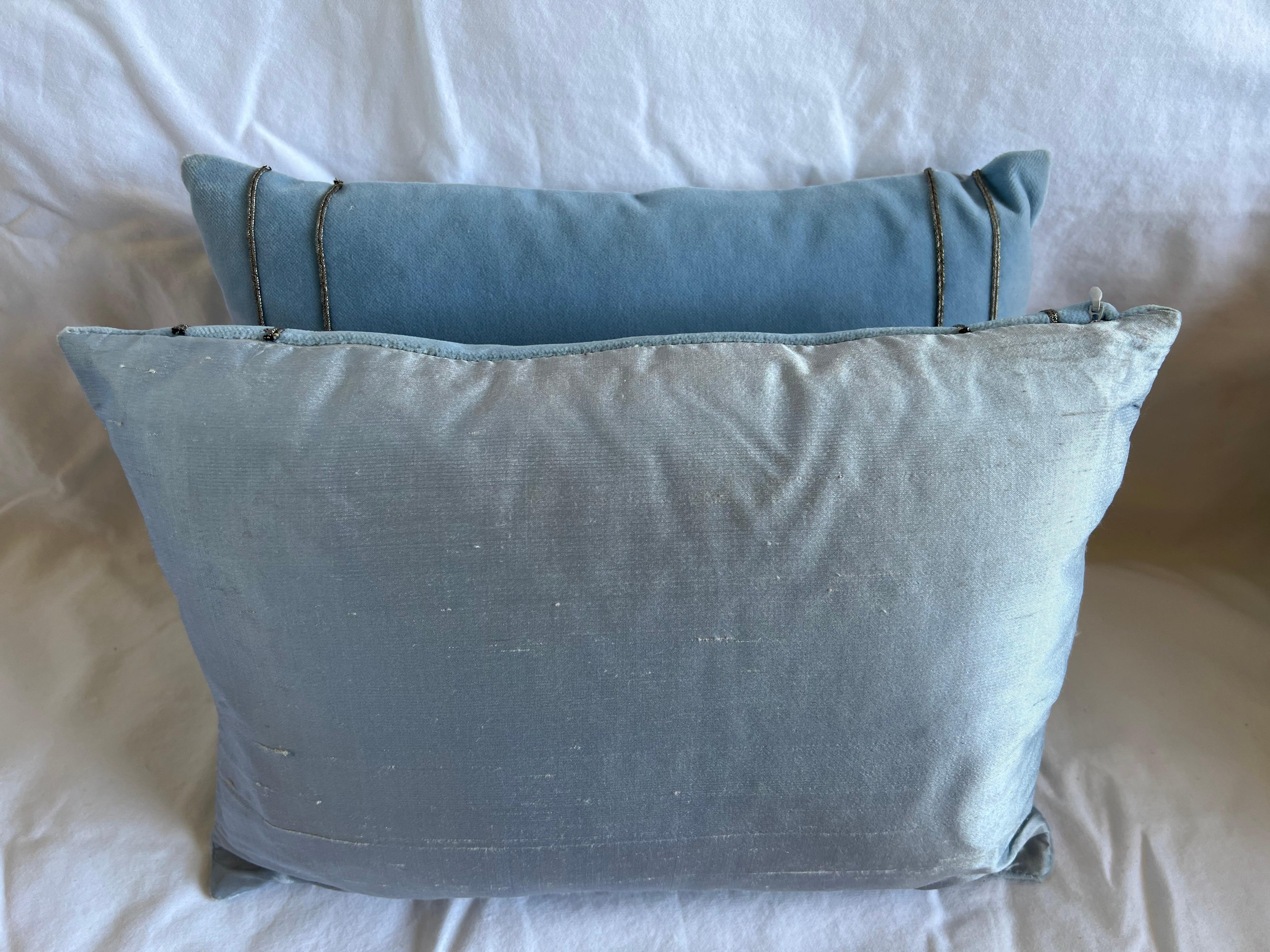 Contemporary Pair of Petite Custom Appliqued Blue Velvet Pillows