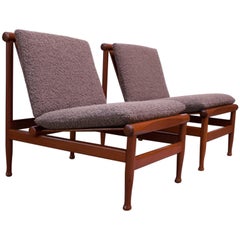 Pair of Petite Danish Modern Slipper Chairs in Teak and Gray Bouclé