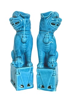 Pair of petite Decorative Turquoise Blue Foo Dogs Sculptures, Ceramic Statue