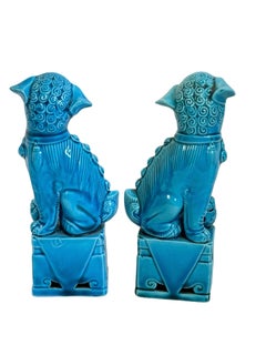 Pair of petite Decorative Turquoise Blue Foo Dogs Sculptures, Ceramic Statue