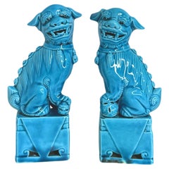 Pair of petite Decorative Turquoise Blue Foo Dogs Sculptures, Ceramic Statue