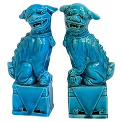 Pair of petite Decorative Turquoise Blue Foo Dogs Sculptures, Ceramic Statue