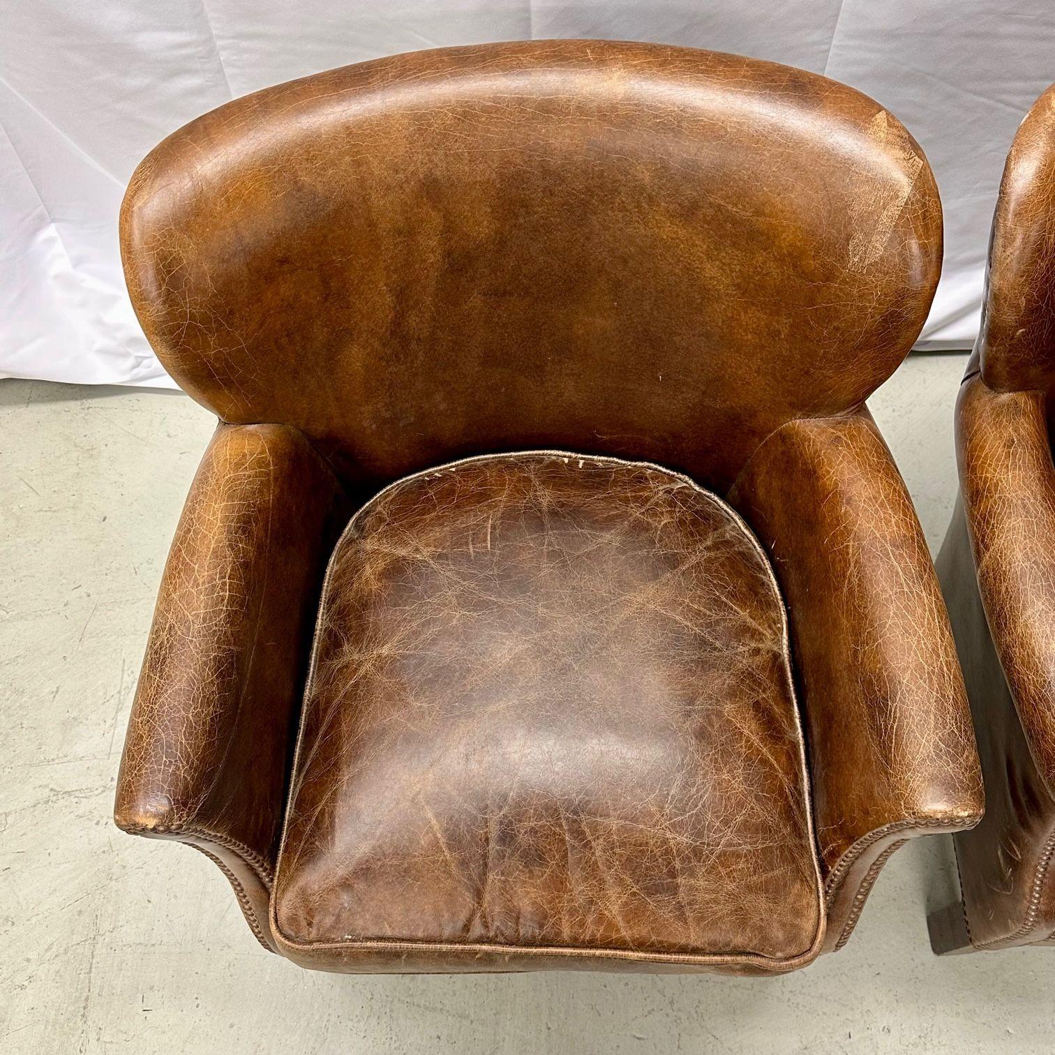 Pair of Petite Distressed Leather Club / Lounge / Arm Chairs, Danish Style 4