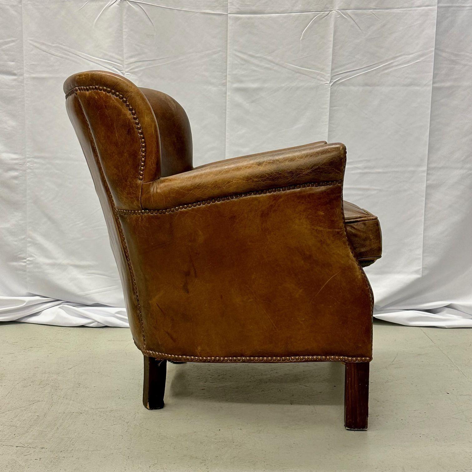 Pair of Petite Distressed Leather Club / Lounge / Arm Chairs, Danish Style 9