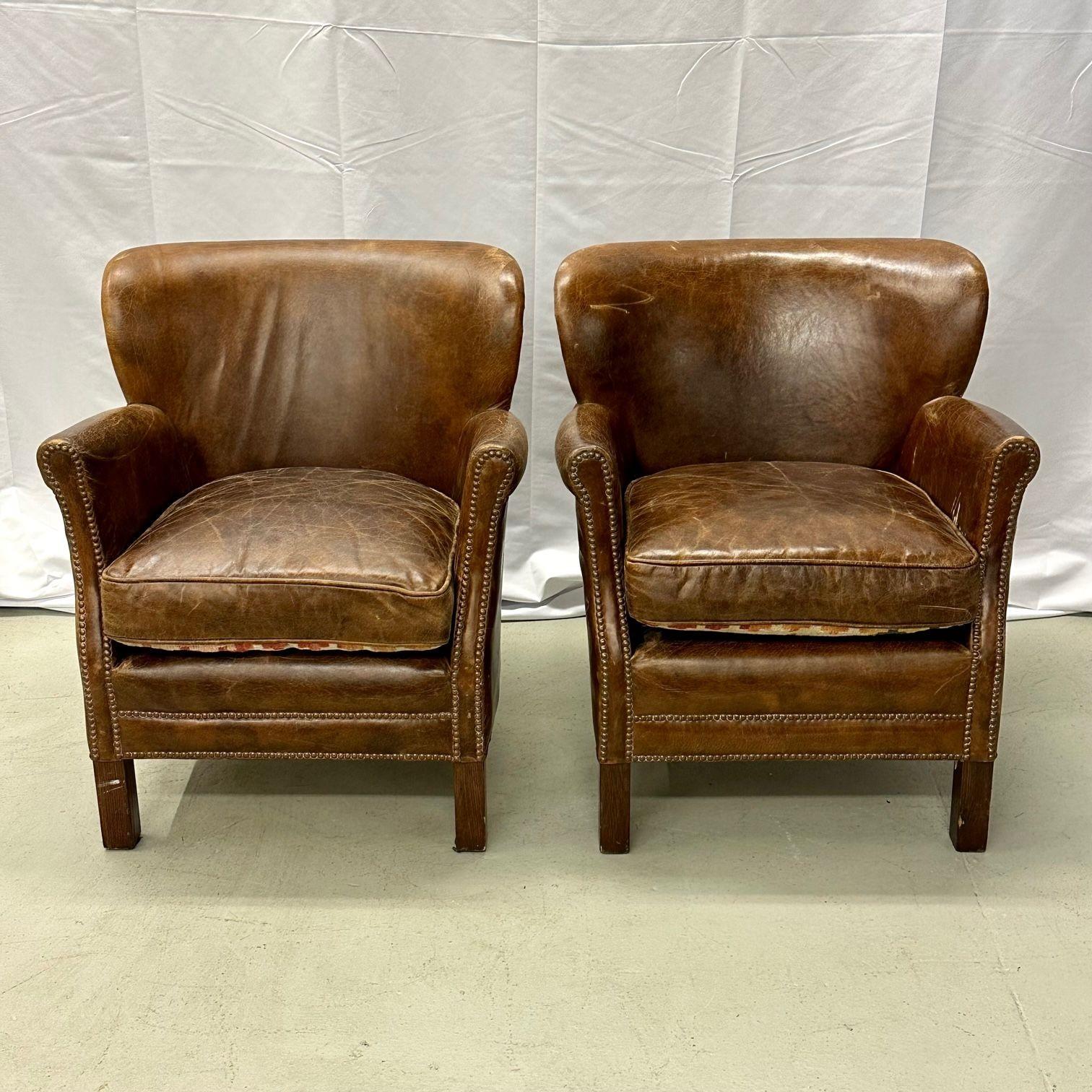 Art Deco Pair of Petite Distressed Leather Club / Lounge / Arm Chairs, Danish Style