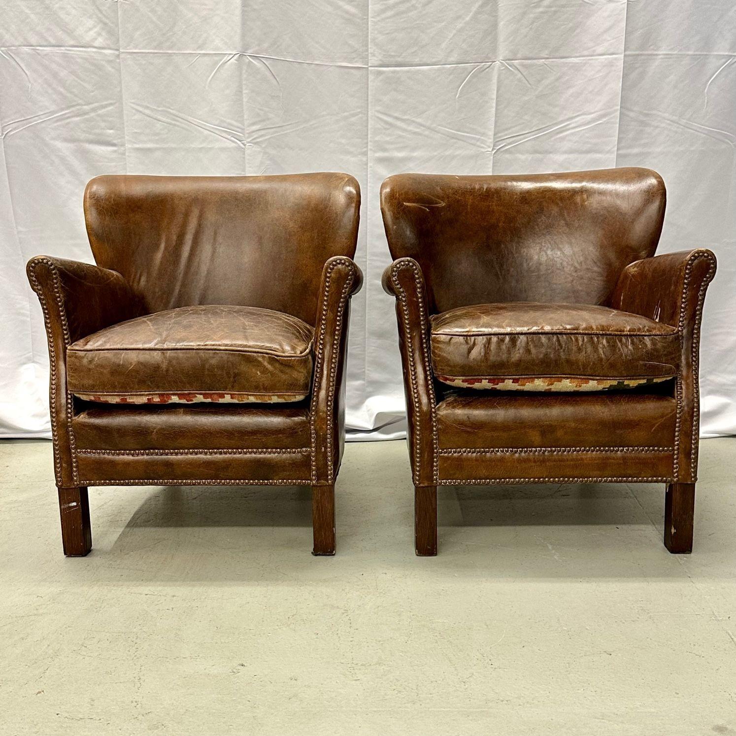 Pair of Petite Distressed Leather Club / Lounge / Arm Chairs, Danish Style In Good Condition In Stamford, CT