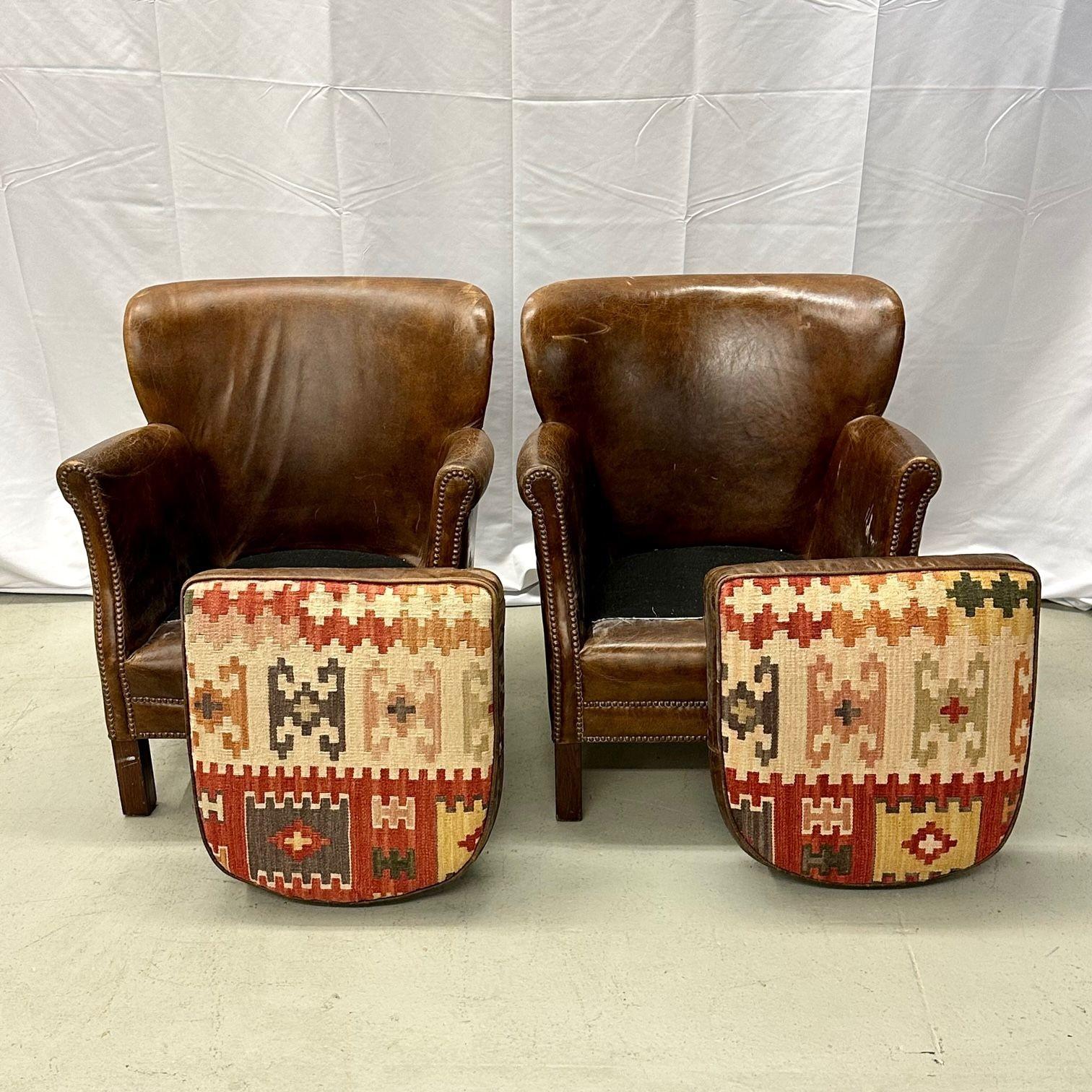 20th Century Pair of Petite Distressed Leather Club / Lounge / Arm Chairs, Danish Style