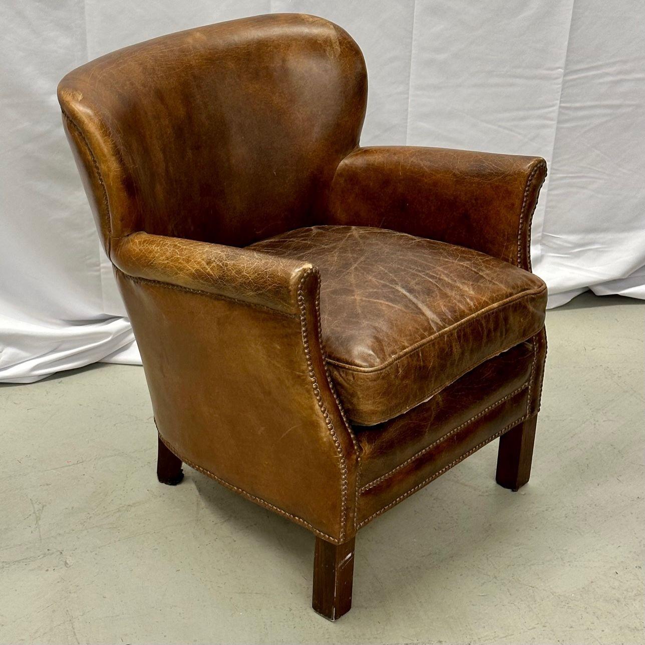 Pair of Petite Distressed Leather Club / Lounge / Arm Chairs, Danish Style 1