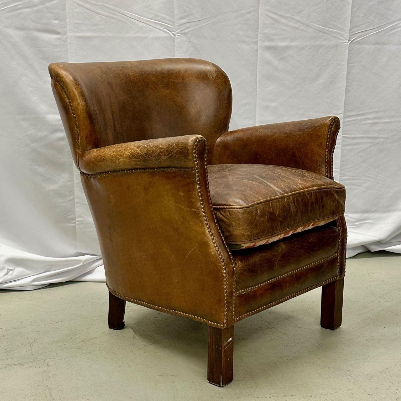 Pair of Petite Distressed Leather Club / Lounge / Arm Chairs, Danish Style 2