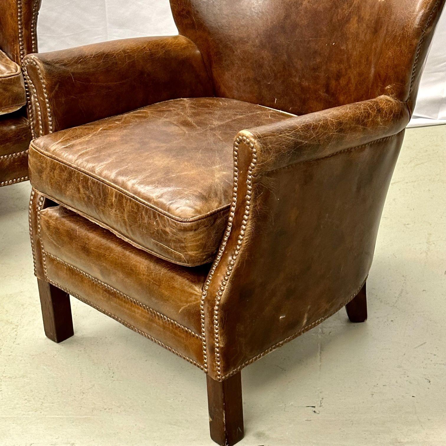 Pair of Petite Distressed Leather Club / Lounge / Arm Chairs, Danish Style 3