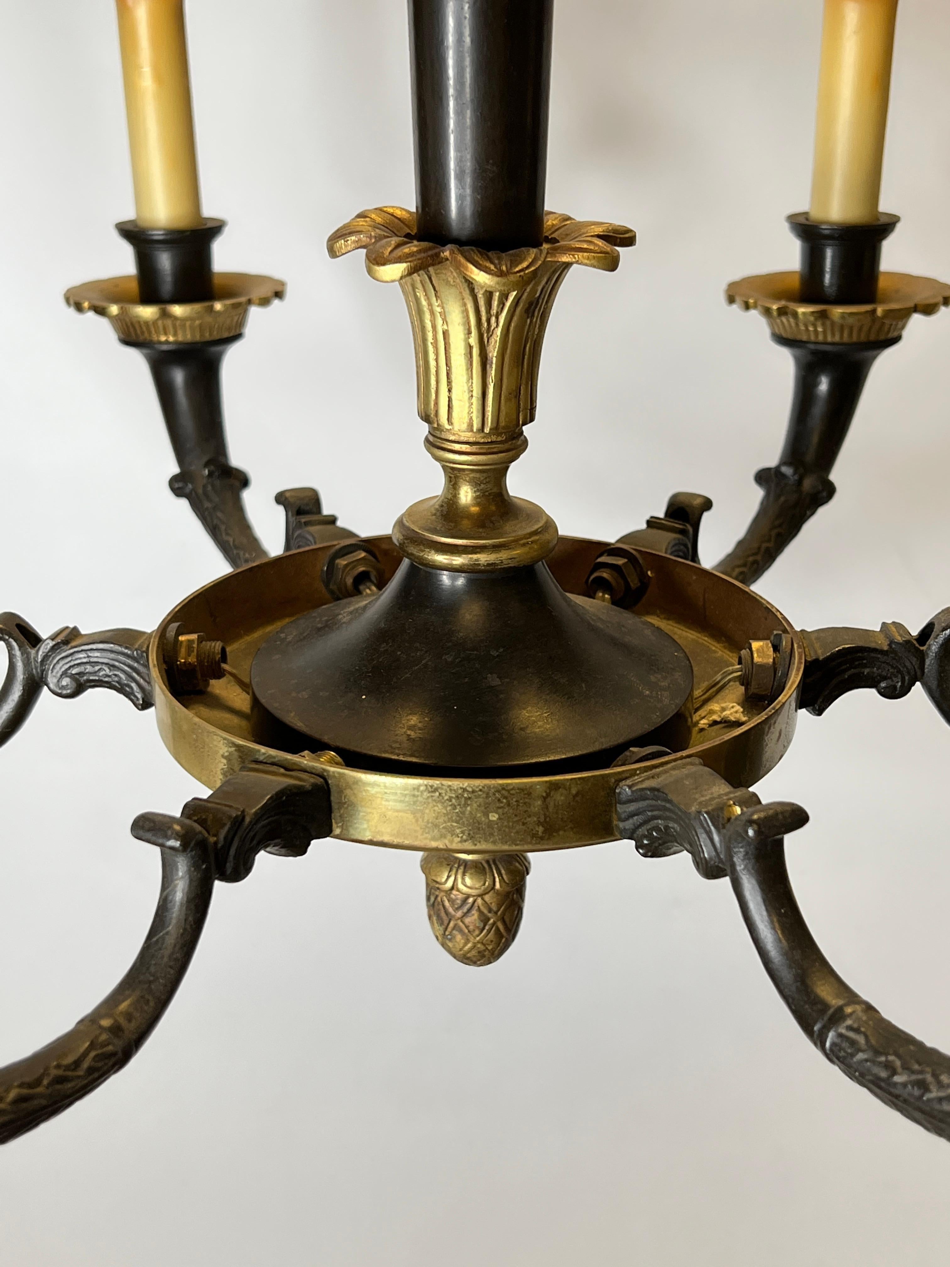 Pair of Petite Empire Style Patinated and Gilt Bronze Chandeliers For Sale 5
