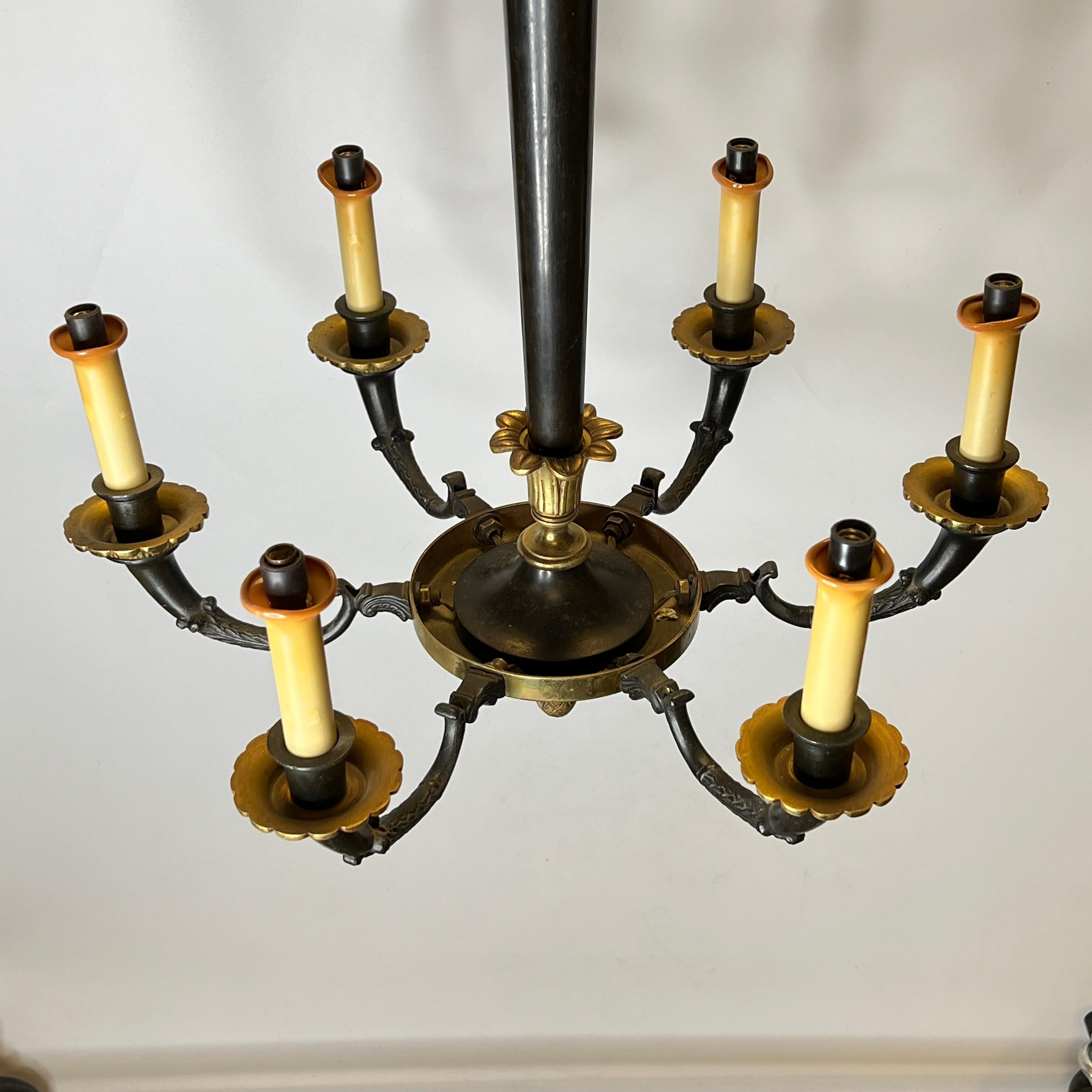 Pair of Petite Empire Style Patinated and Gilt Bronze Chandeliers For Sale 10