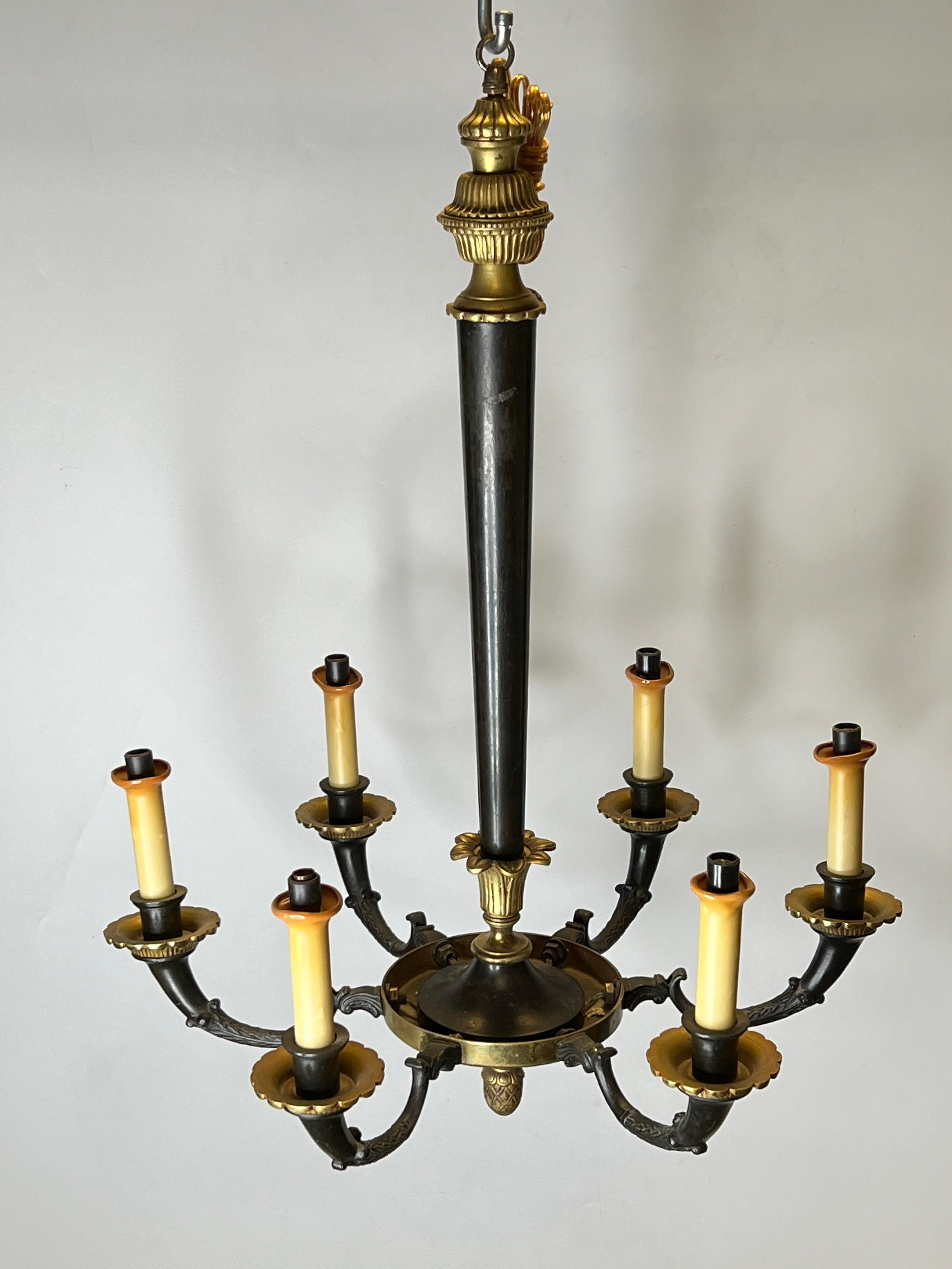 Pair of Petite Empire Style Patinated and Gilt Bronze Chandeliers For Sale 11