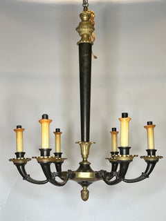 Pair of Petite Empire Style Patinated and Gilt Bronze Chandeliers