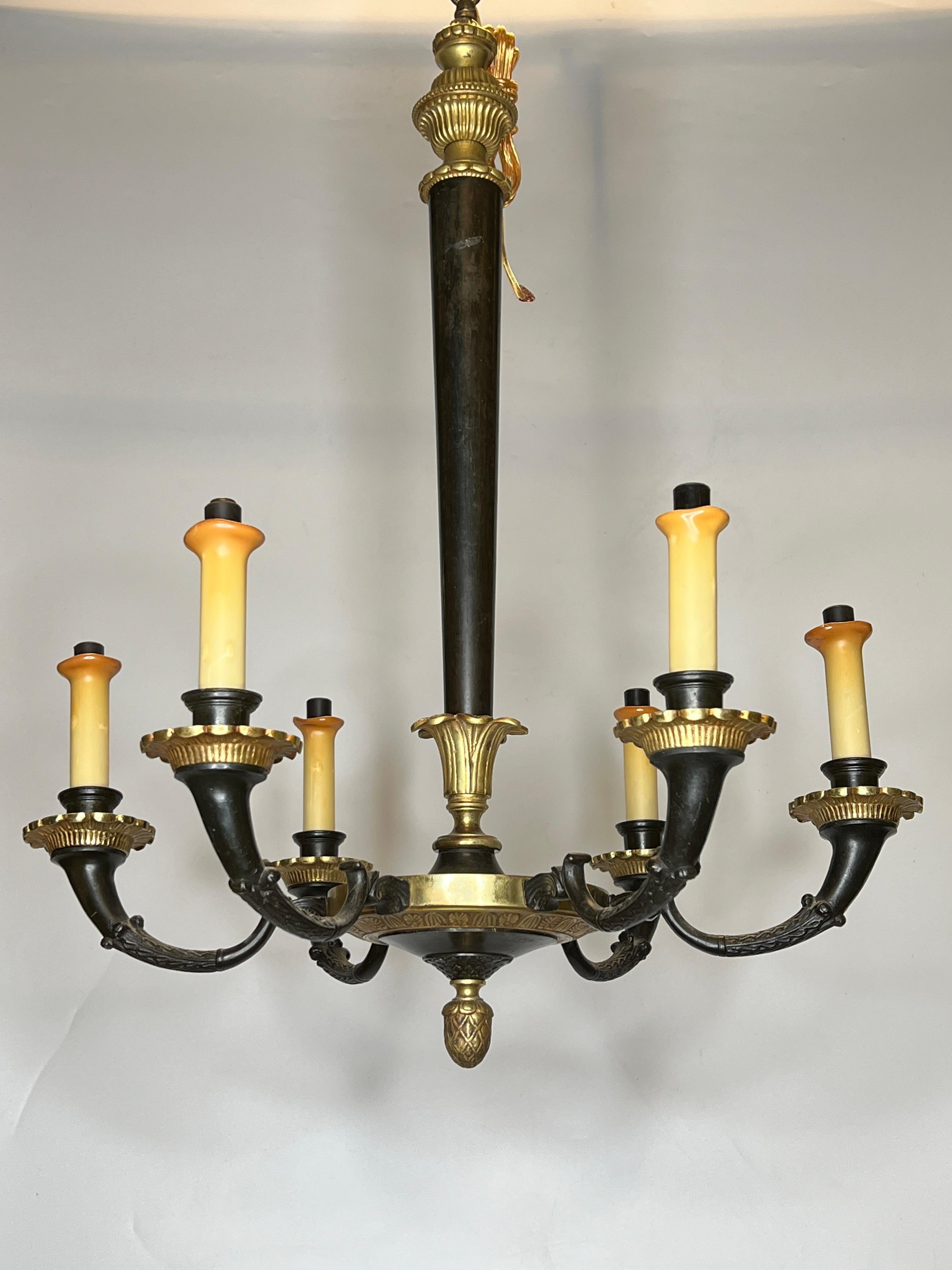 French Pair of Petite Empire Style Patinated and Gilt Bronze Chandeliers For Sale