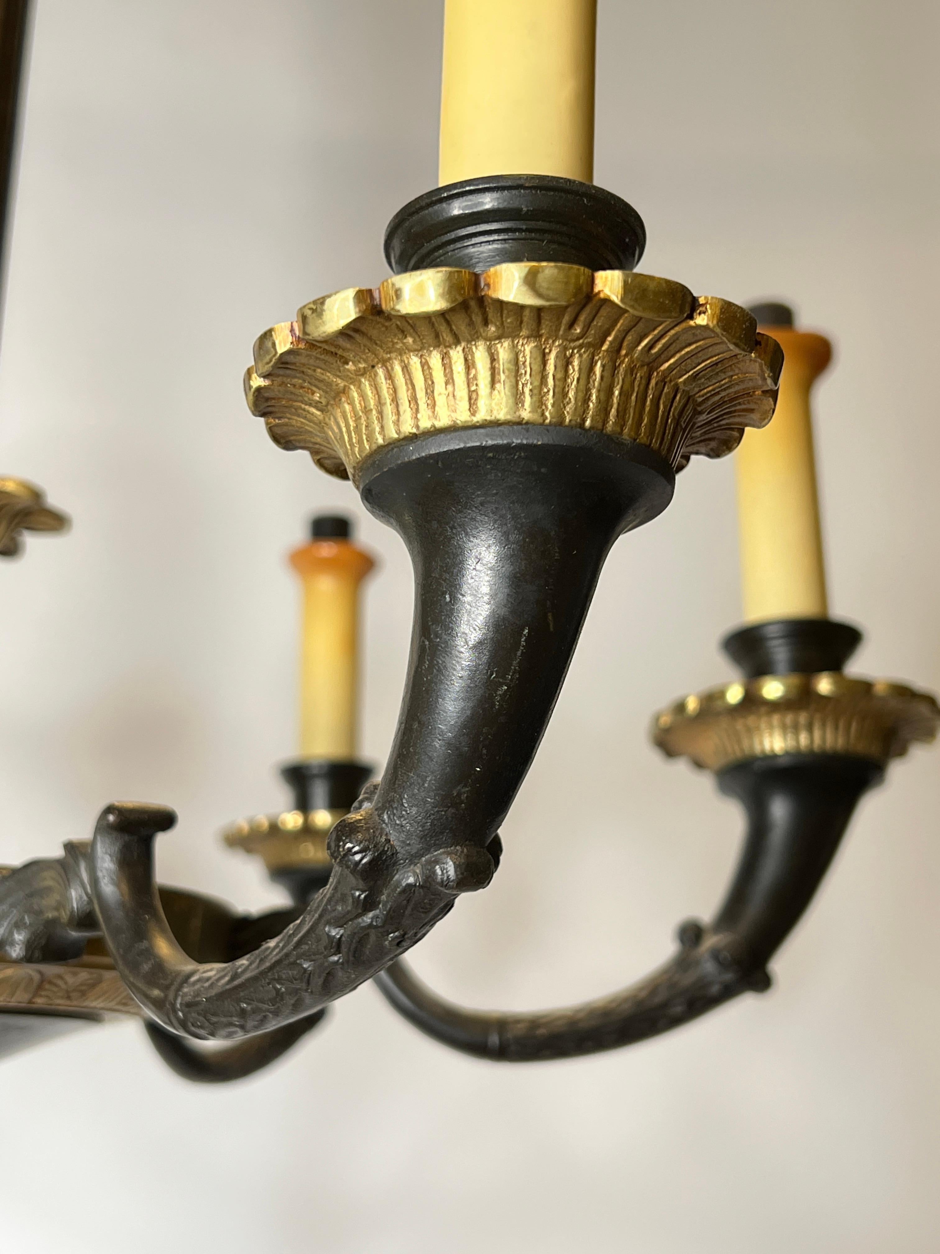 Pair of Petite Empire Style Patinated and Gilt Bronze Chandeliers For Sale 1
