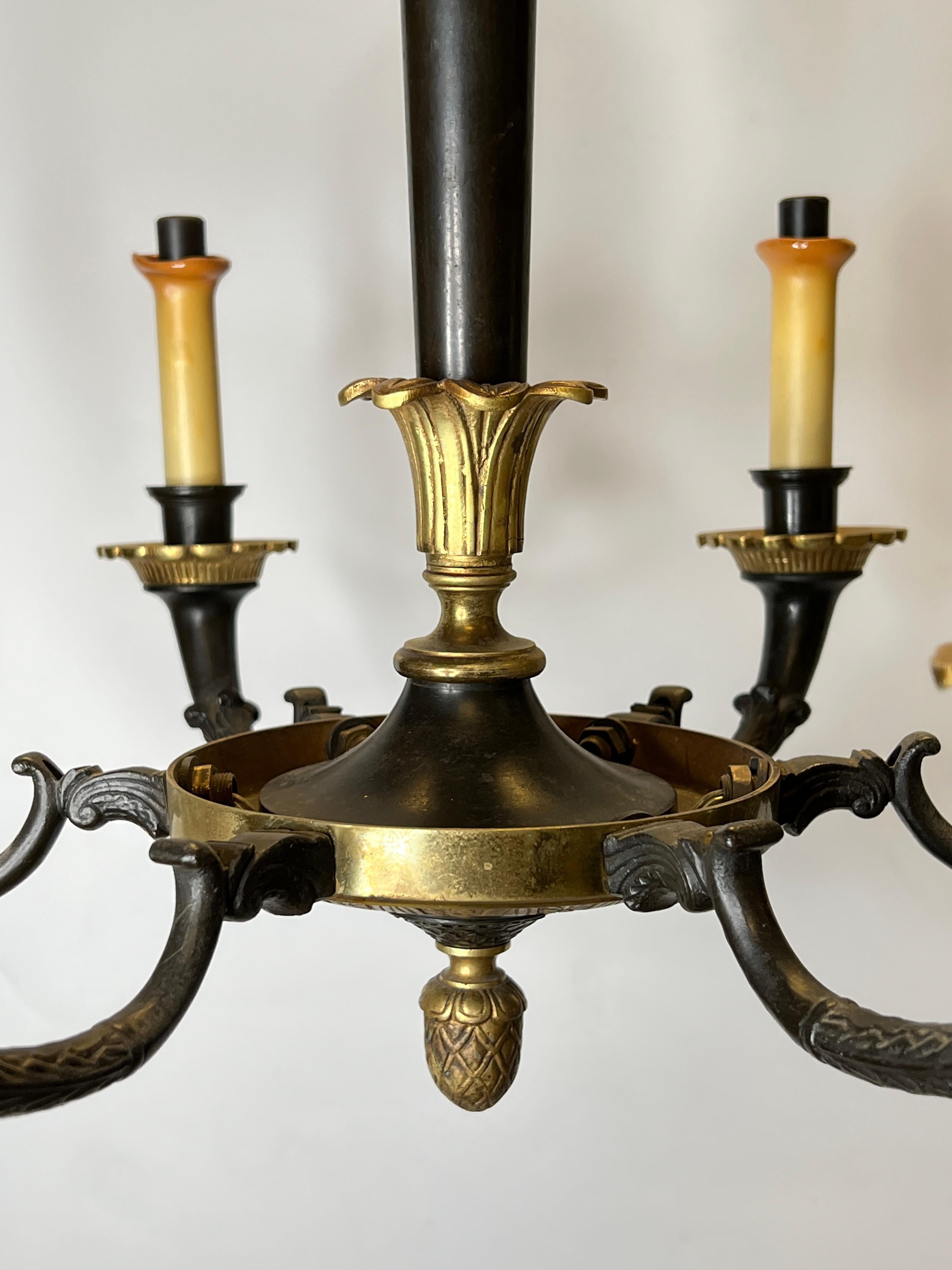 Pair of Petite Empire Style Patinated and Gilt Bronze Chandeliers For Sale 4