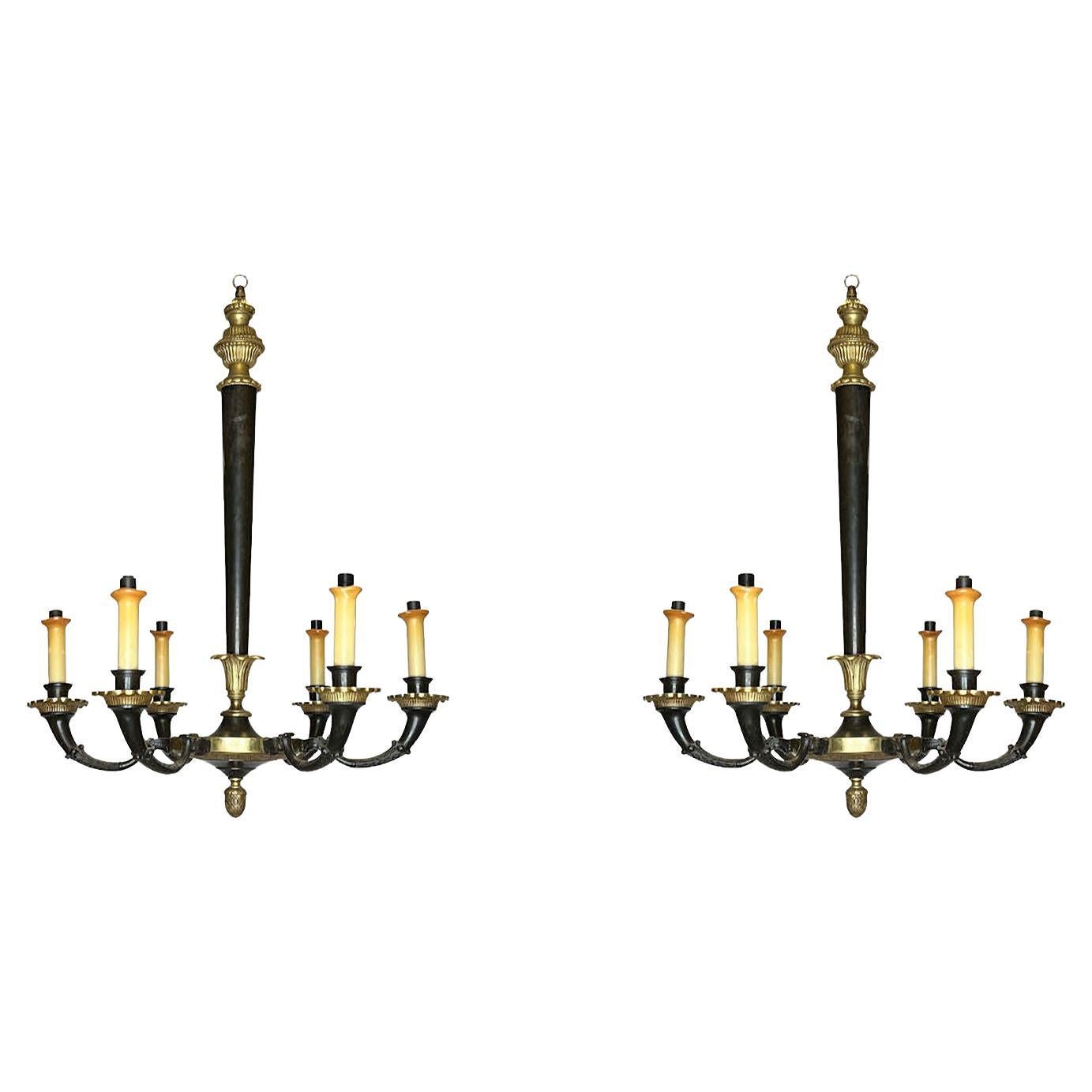 Pair of Petite Empire Style Patinated and Gilt Bronze Chandeliers