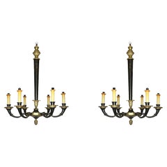 Pair of Petite Empire Style Patinated and Gilt Bronze Chandeliers