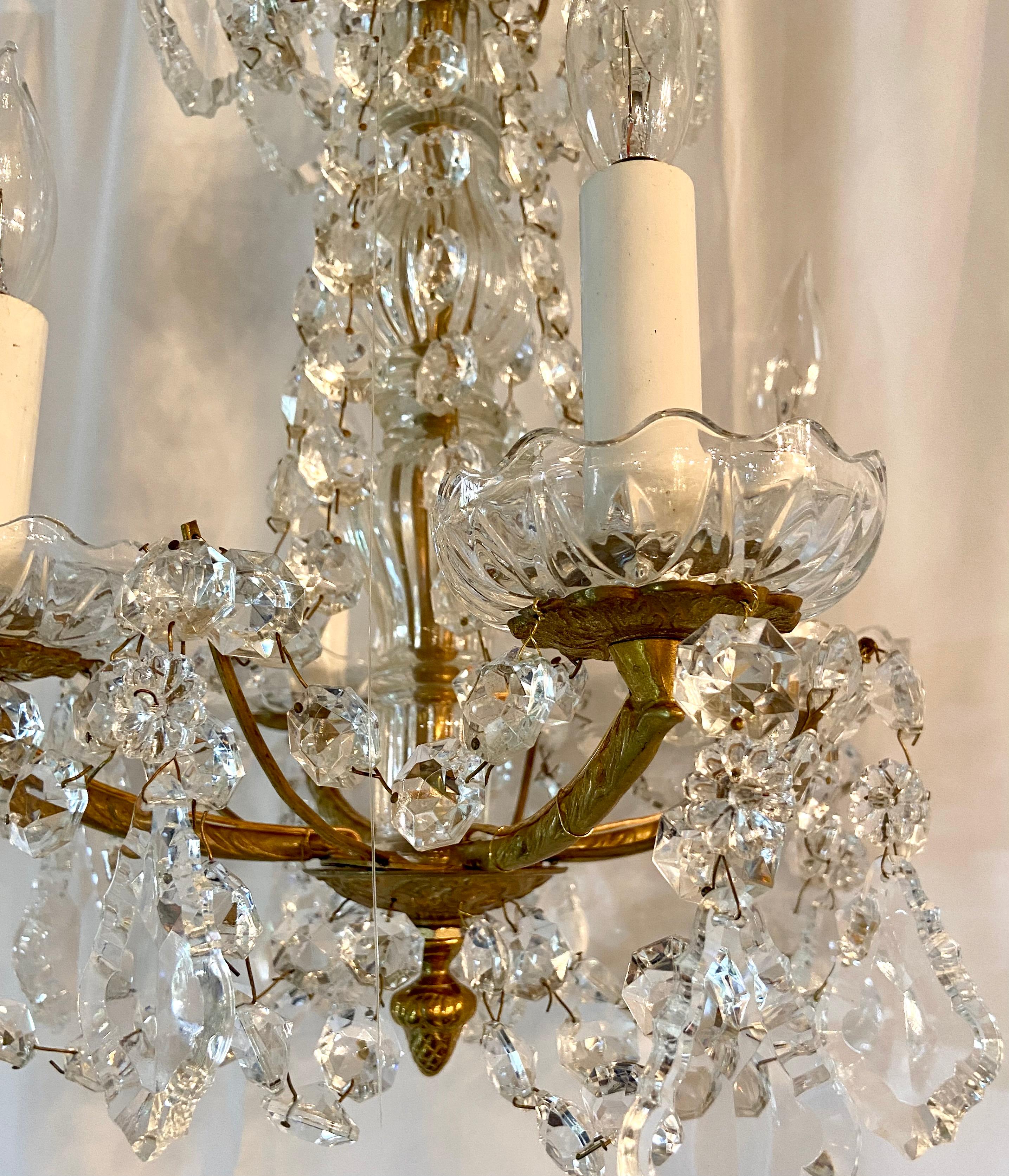 Pair of Petite Estate Crystal and Gold Bronze Chandeliers, Circa 1930-1940 In Good Condition In New Orleans, LA