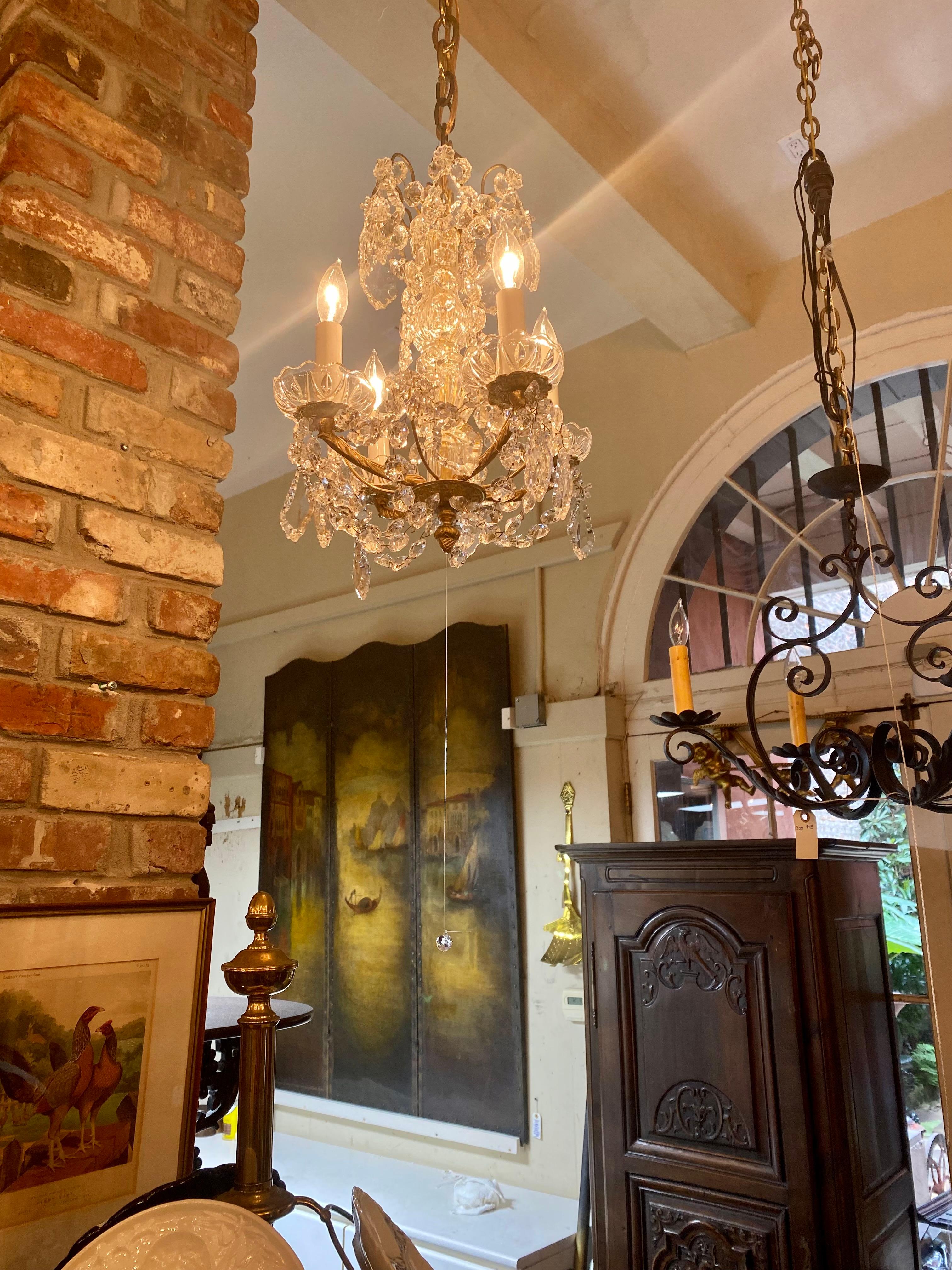 Pair of Petite Estate Crystal and Gold Bronze Chandeliers, Circa 1930-1940 1