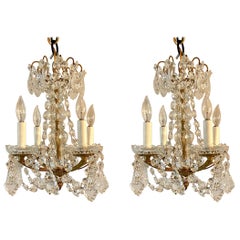 Pair of Petite Estate Crystal and Gold Bronze Chandeliers, Circa 1930-1940