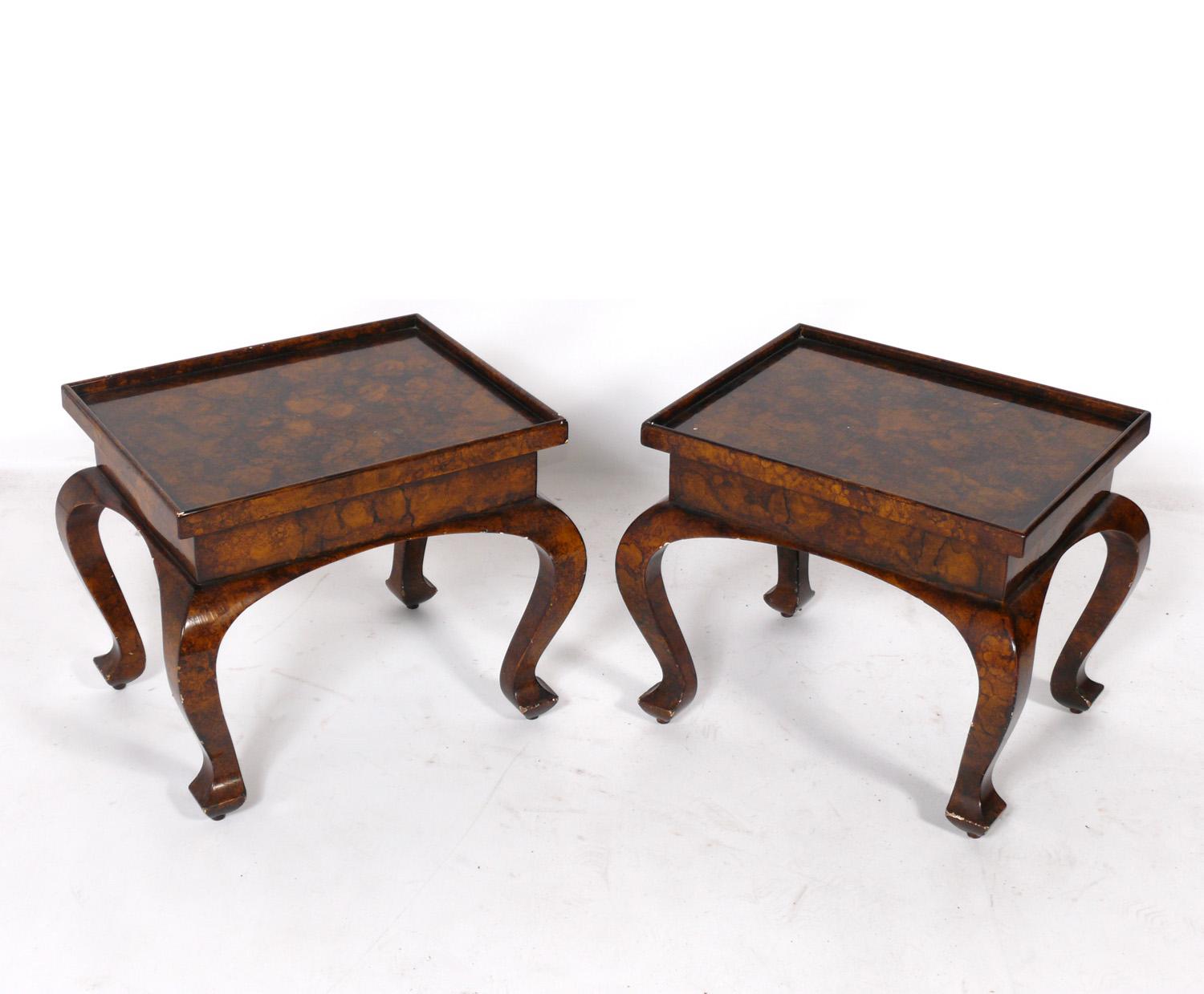 Pair of Petite faux tortoiseshell or oil spot end tables, American, circa 1960s. They are a versatile petite size and can be used as end or side tables, or as night stands, or placed on top of other tables, to elevate and display objects.