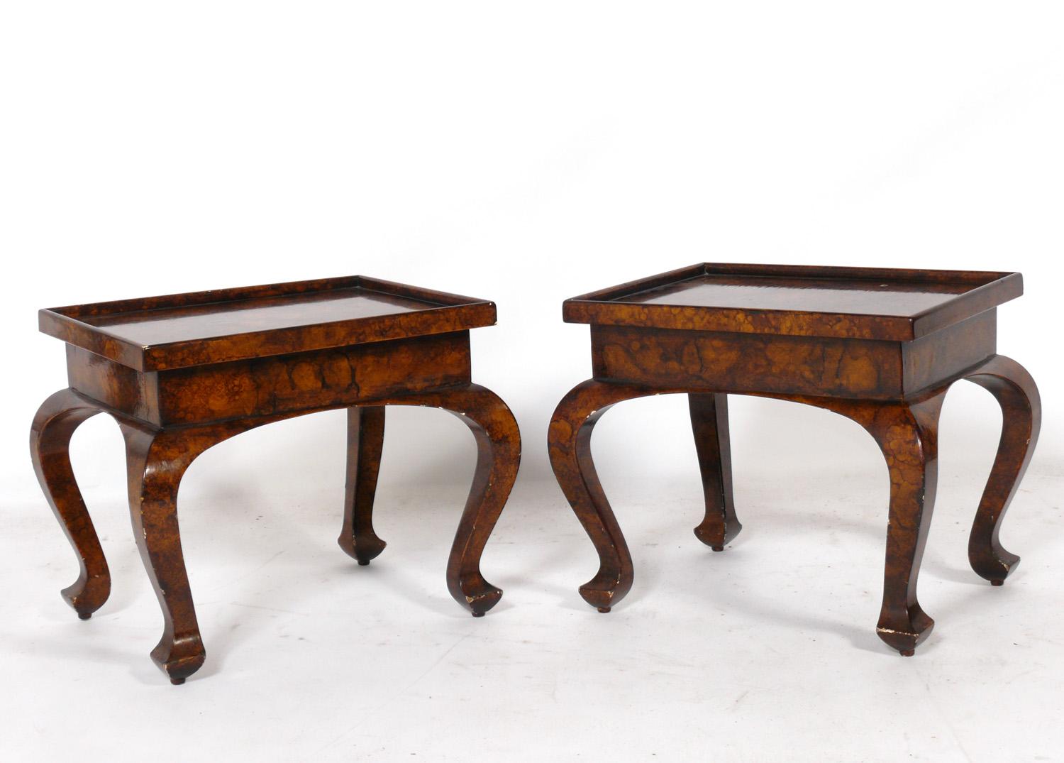 Hollywood Regency Pair of Petite Faux Tortoiseshell End Tables For Sale