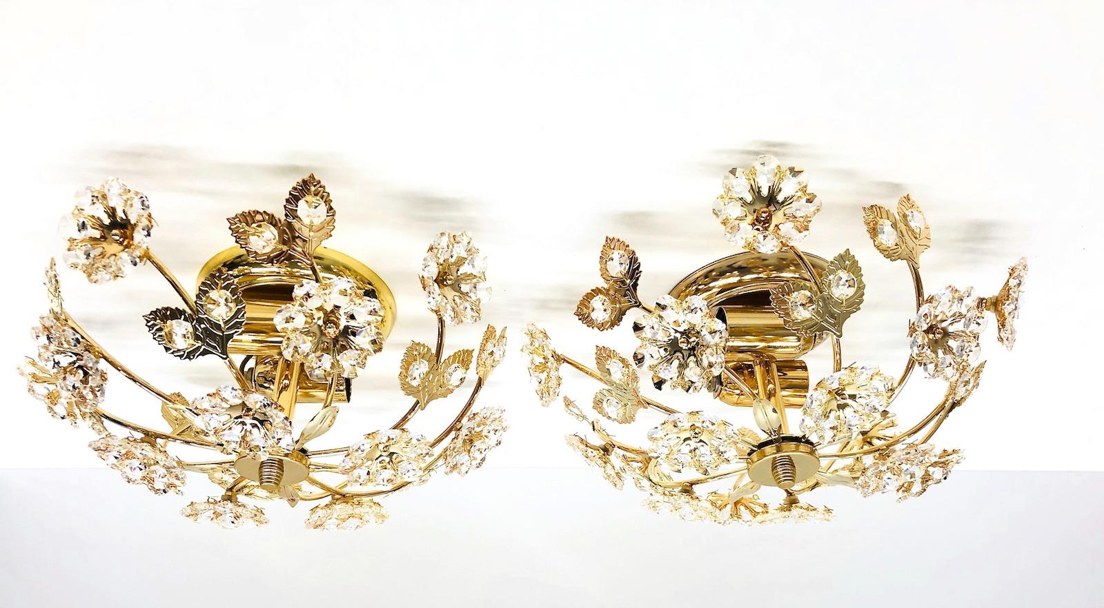 Very rare and beautiful brass and crystal chandelier flush mount by Kolarz Leuchten, Austria, 1980s. Each flush mount requires two European E14 candelabra bulbs, each up to 60 watts.