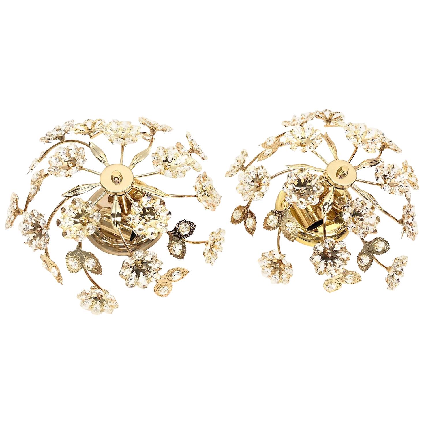 Pair of Petite Flower Flush Mount by Kolarz Brass and Crystal Austria 1980s