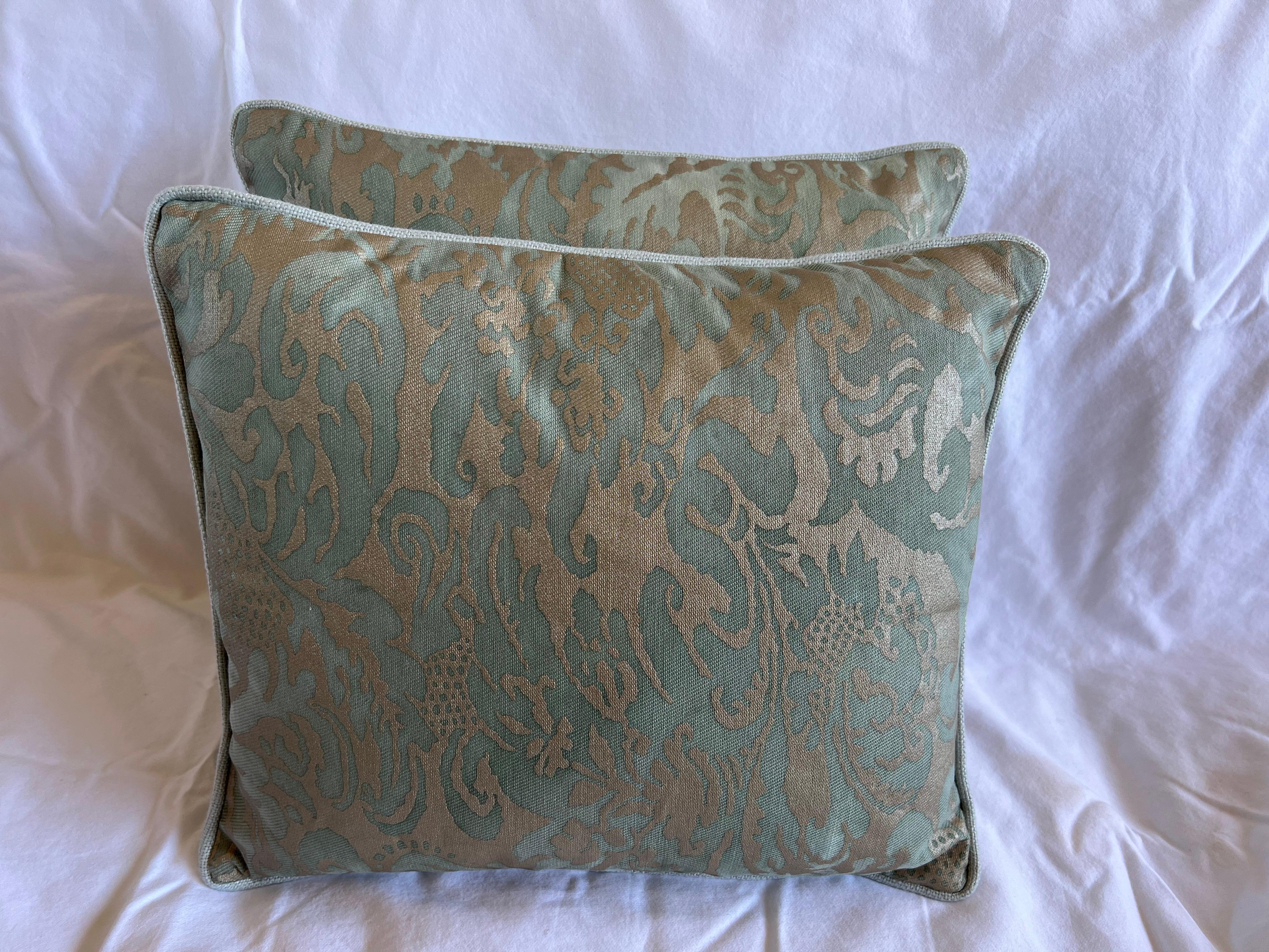 Pair of custom pillows made with soft blue & silvery gold printed cotton fronts and linen back. Down inserts, sewn closed.