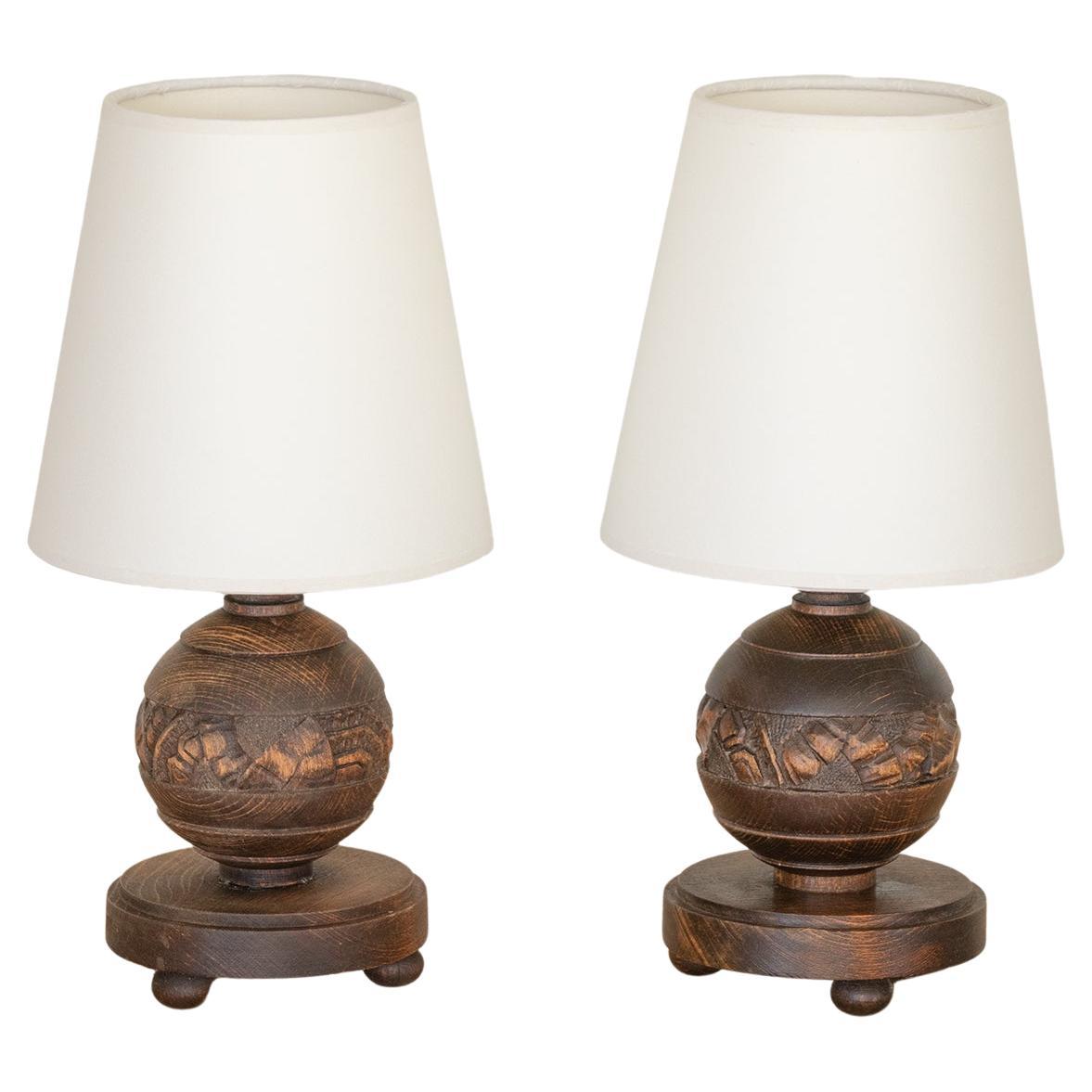 Pair of Petite French Carved Ball Lamps For Sale