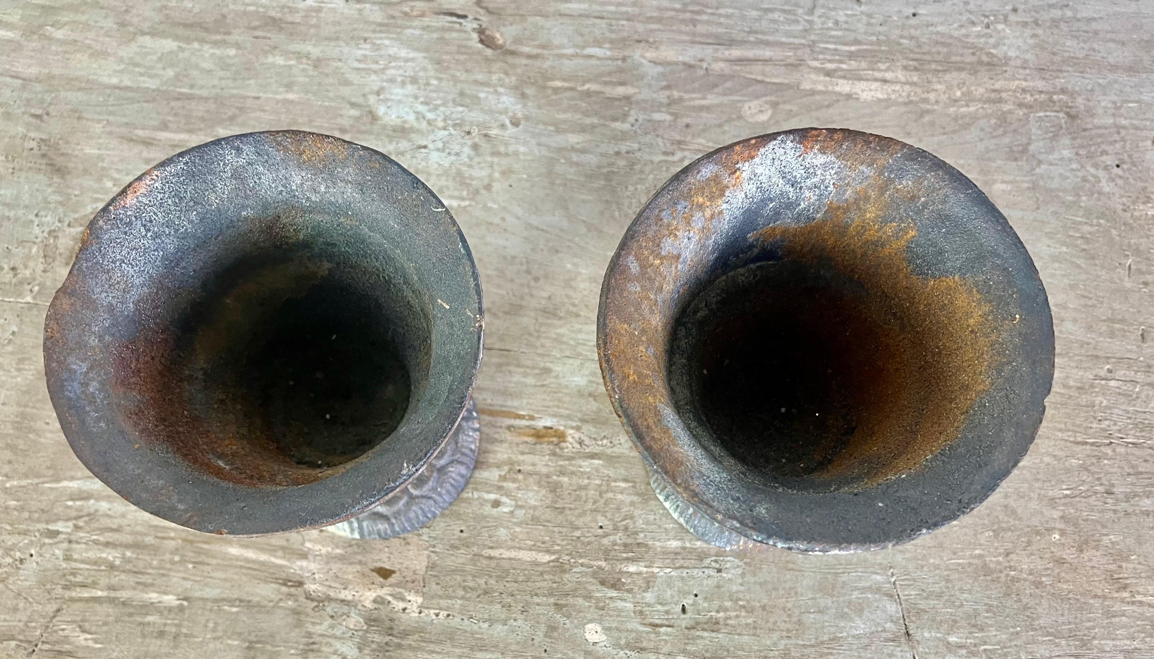 20th Century Pair of Petite French Cast Iron Urns For Sale