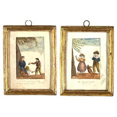 Pair of Petite French Illustrations in Gilt Frames, 18th Century