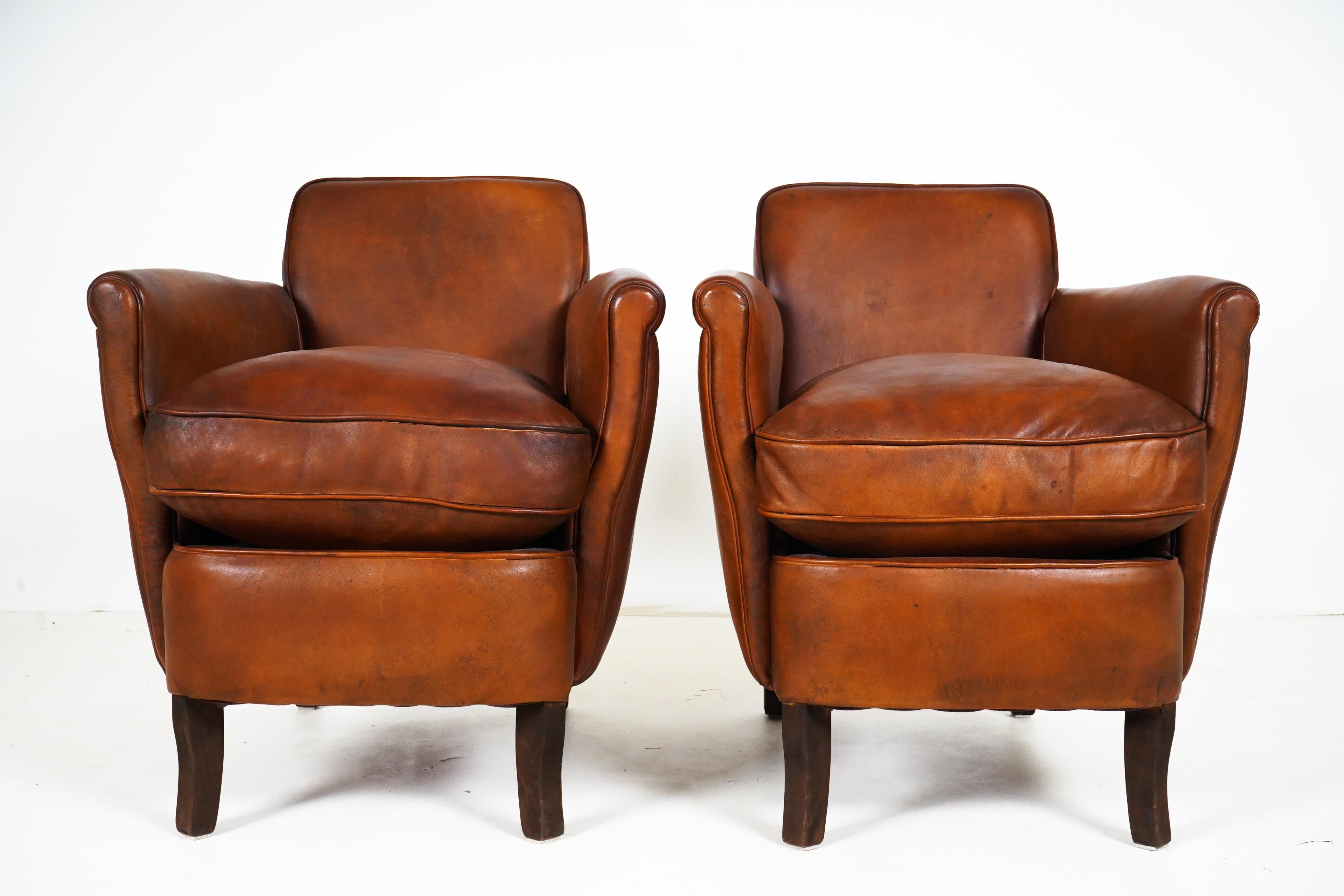 Pair of Petite French Leather Club Chairs In Good Condition In Chicago, IL