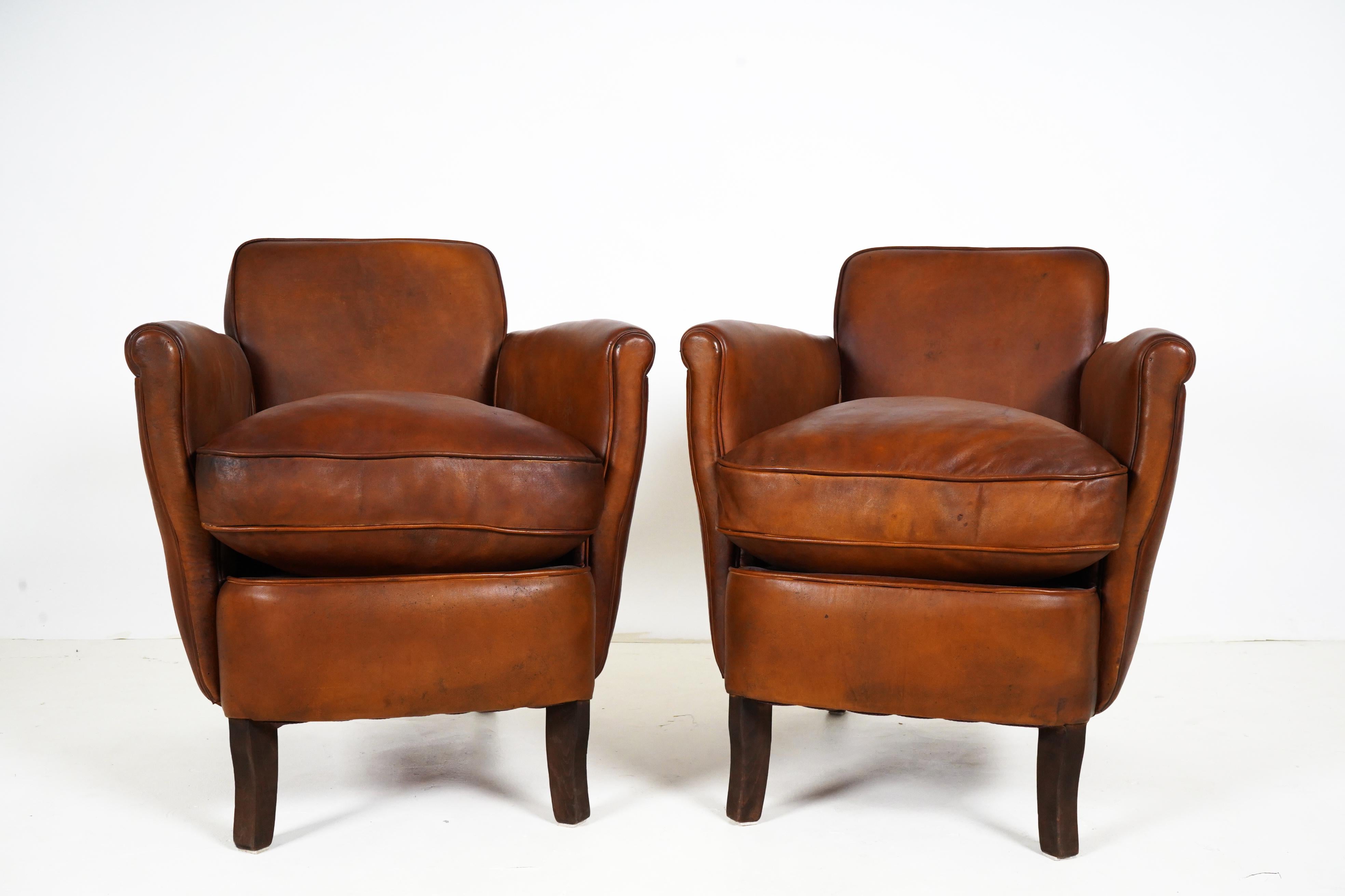 Contemporary Pair of Petite French Leather Club Chairs