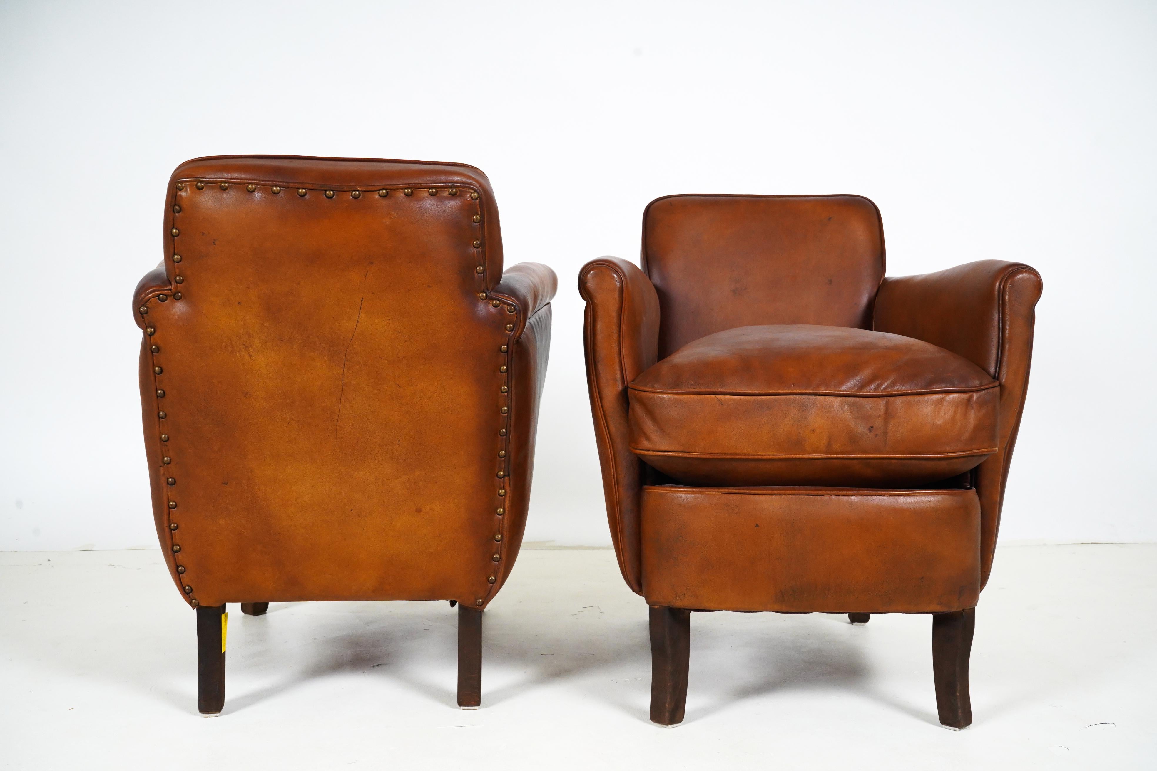 Sheepskin Pair of Petite French Leather Club Chairs