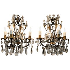 Pair of Petite French Maison Jansen Style Iron, Tole and Crystal Chandeliers