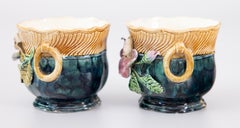 Pair of Petite French Majolica Barbotine Floral Cachepots Jardinieres, c. 1880