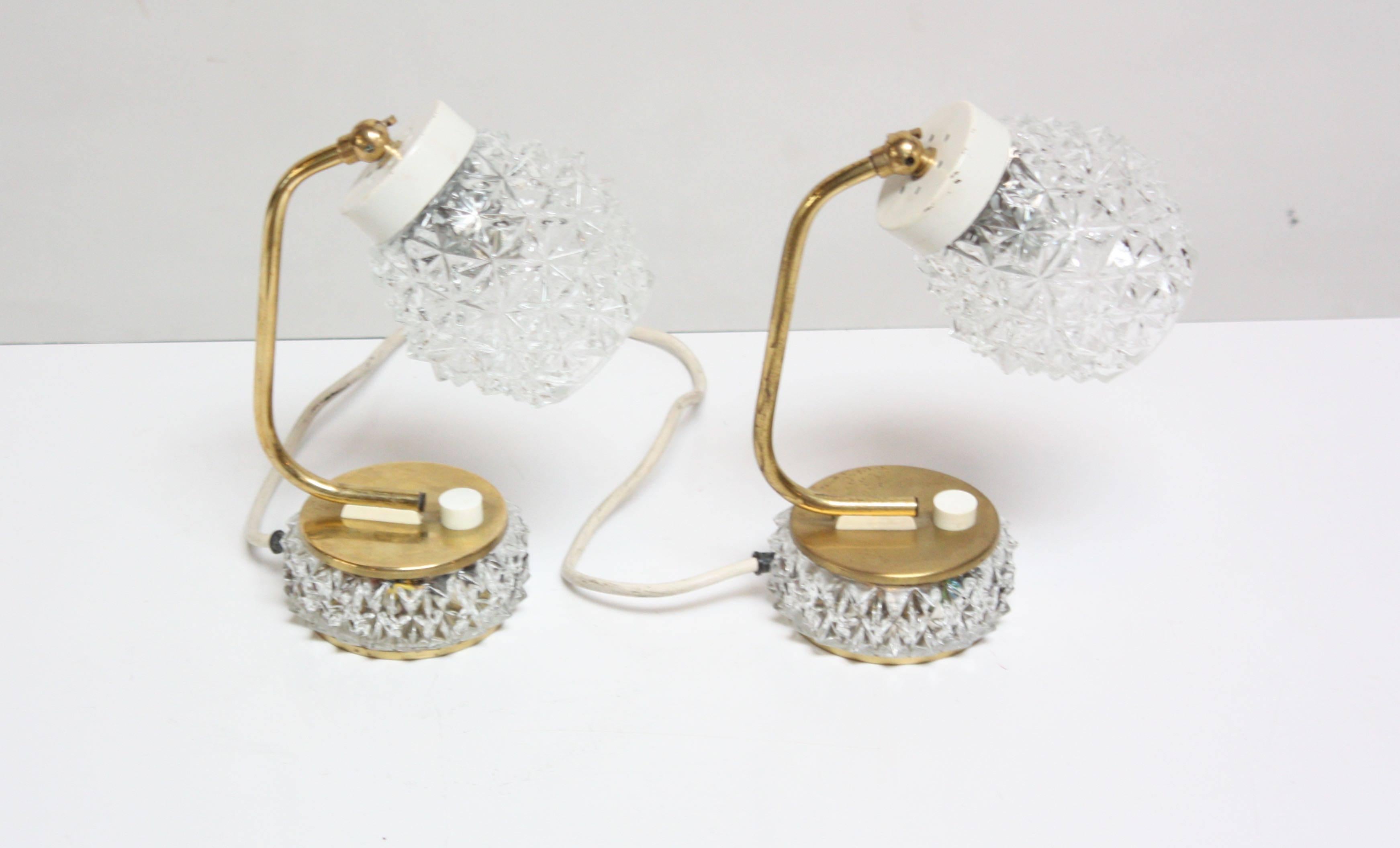 Mid-Century Modern Pair of Petite German Table Lamps in Crystal and Brass