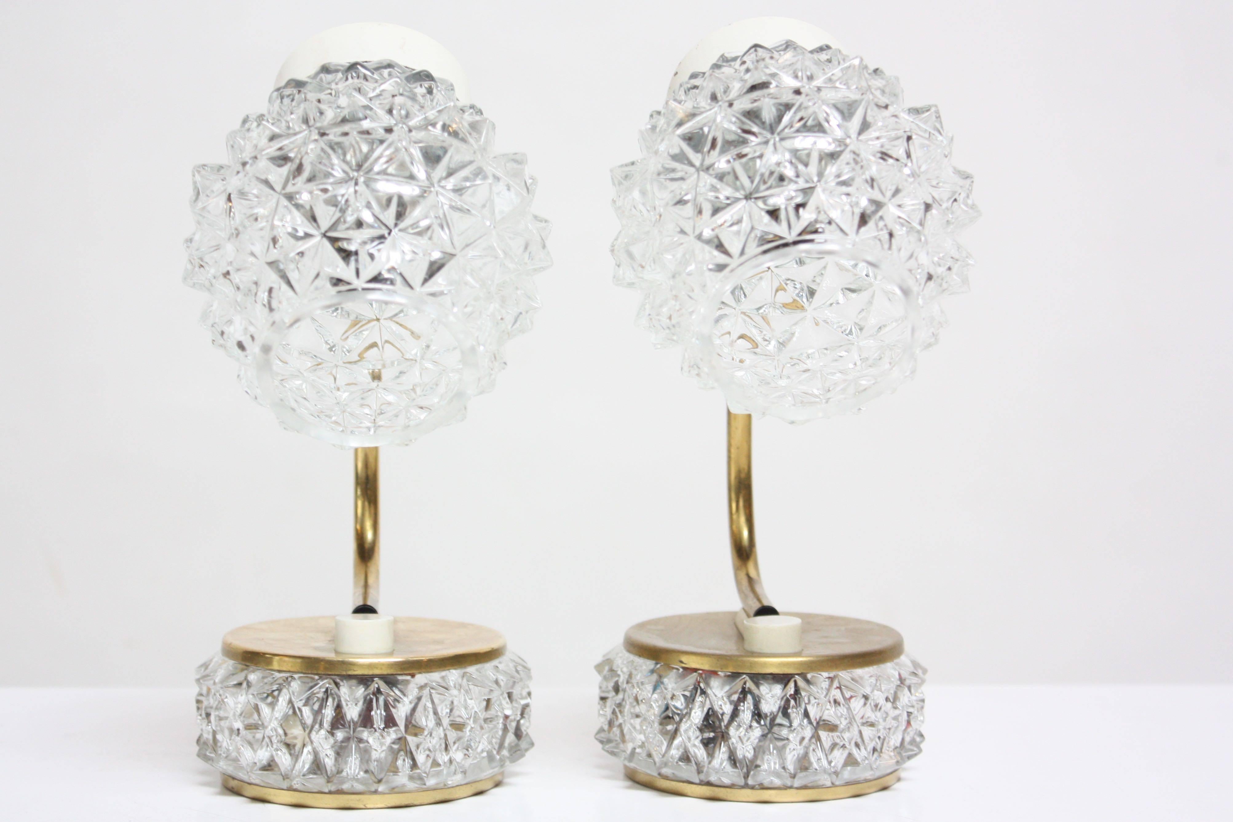 Painted Pair of Petite German Table Lamps in Crystal and Brass