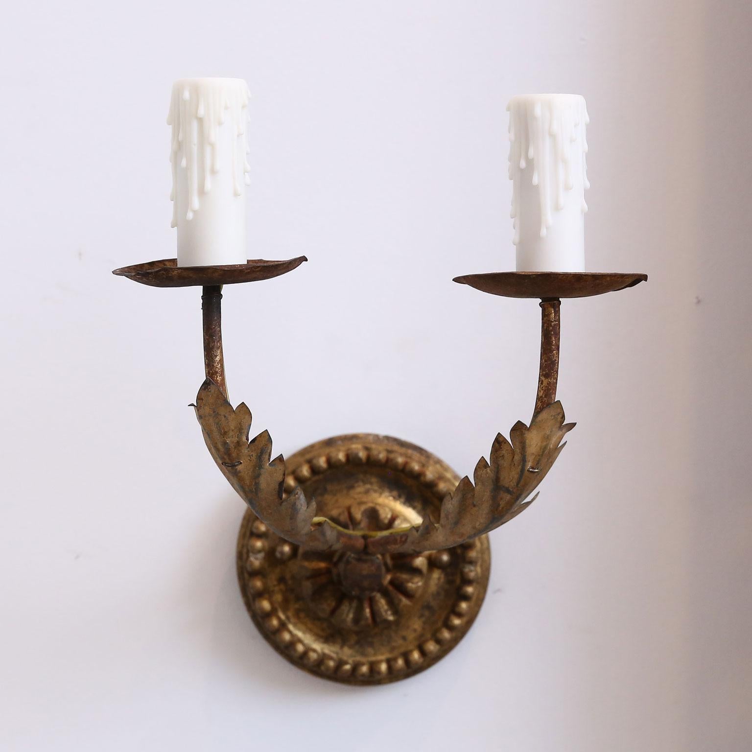 Pair of Petite Gilt-Tole French Sconces In Good Condition In Houston, TX