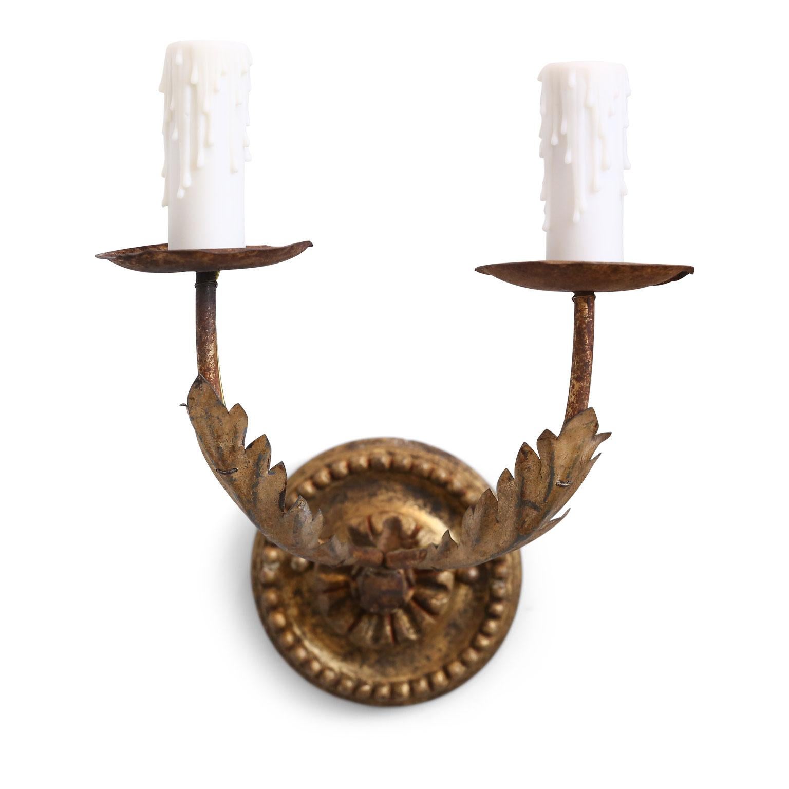 Giltwood Pair of Petite Gilt-Tole French Sconces