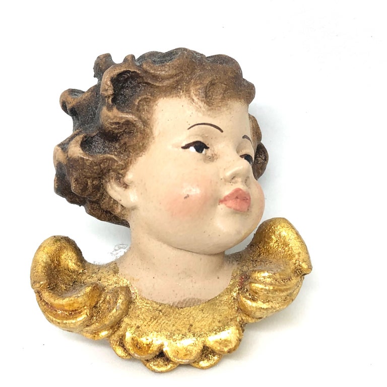 Baroque Pair of Petite Hand Carved Cherub Angel Heads, 1999 Dated and Signed by Artist For Sale
